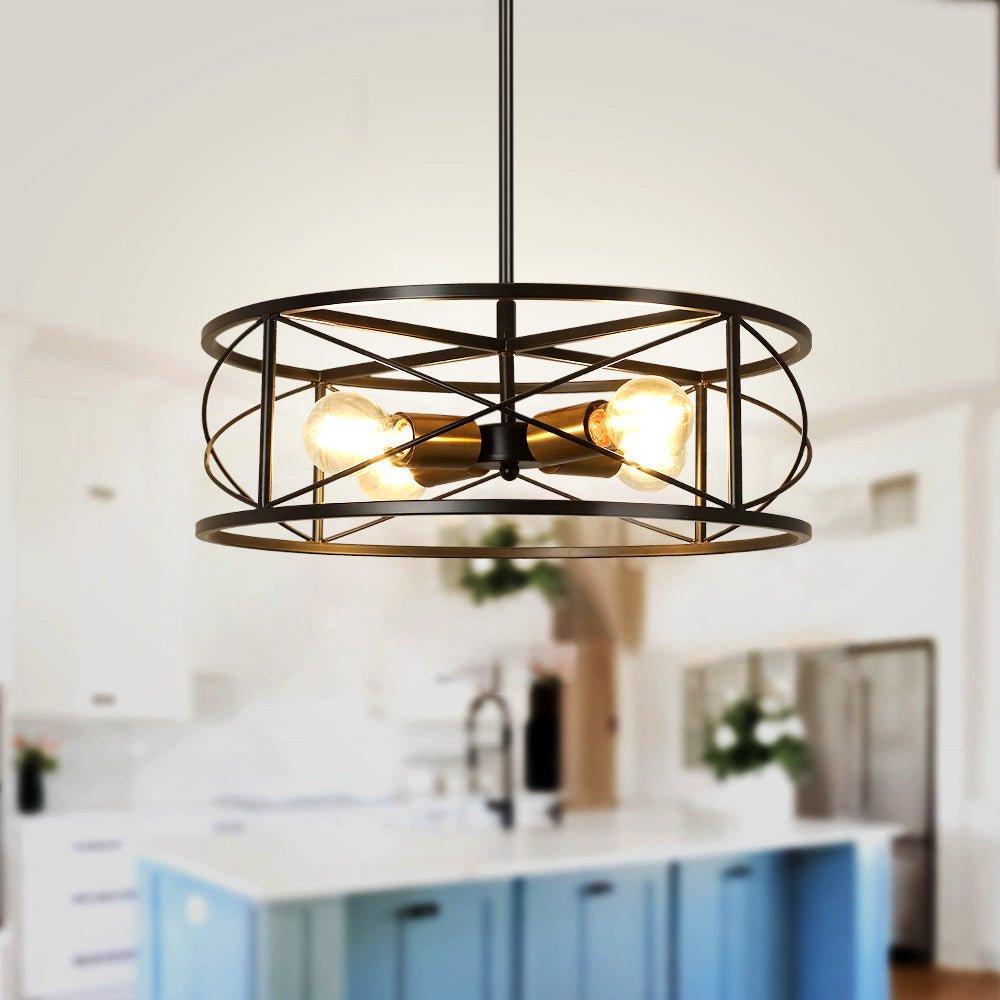 DLLT 4-Light Black Round Pendant Lighting Fixture - 18 Inch Industrial Metal Drum Cage Chandelier - Farmhouse Hanging Light for Dining Room Kitchen Living Room Bedroom Hallway - Perfect for Rustic Home Decor & Modern Interior Design