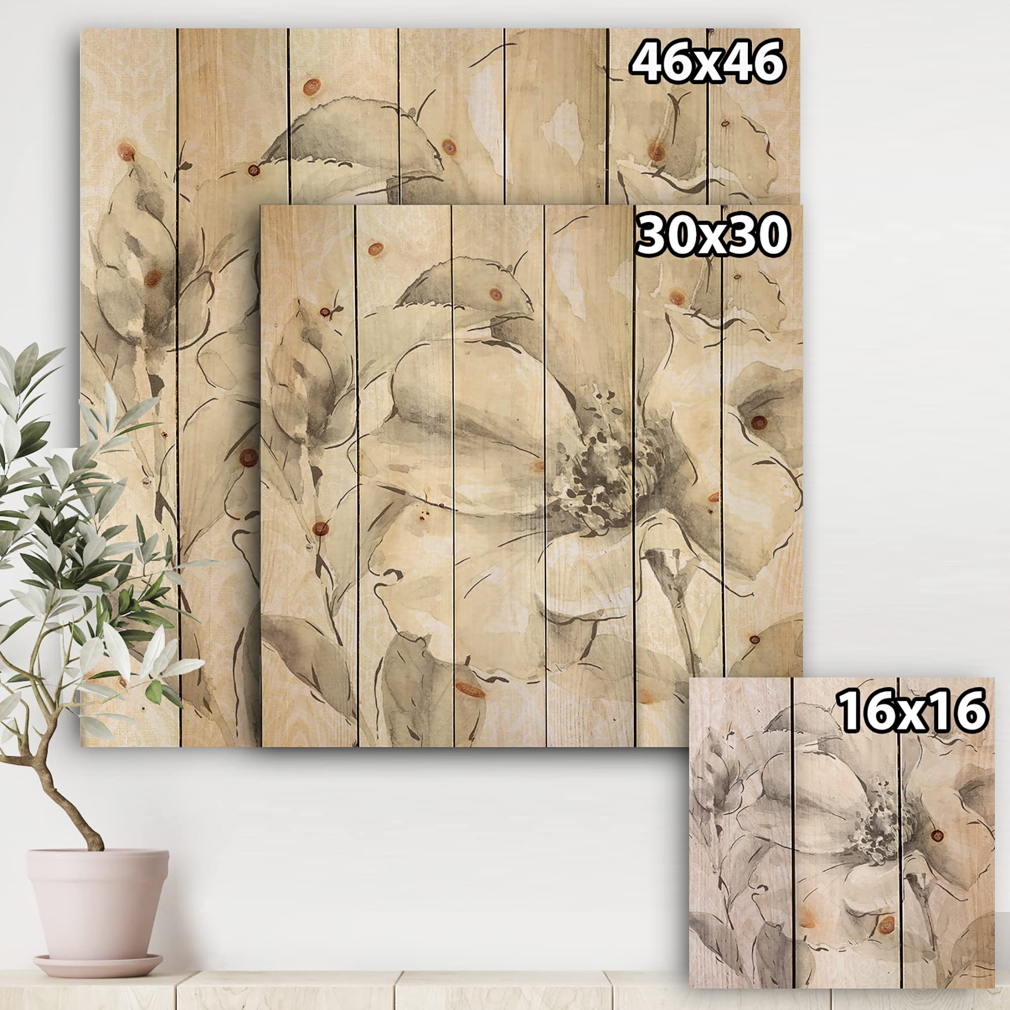DesignQ Indigold Grey Peonies Traditional Wood Wall Art - Large Floral Pine Wood Wall Decor Panel for Living Room, Bedroom & Office Decor