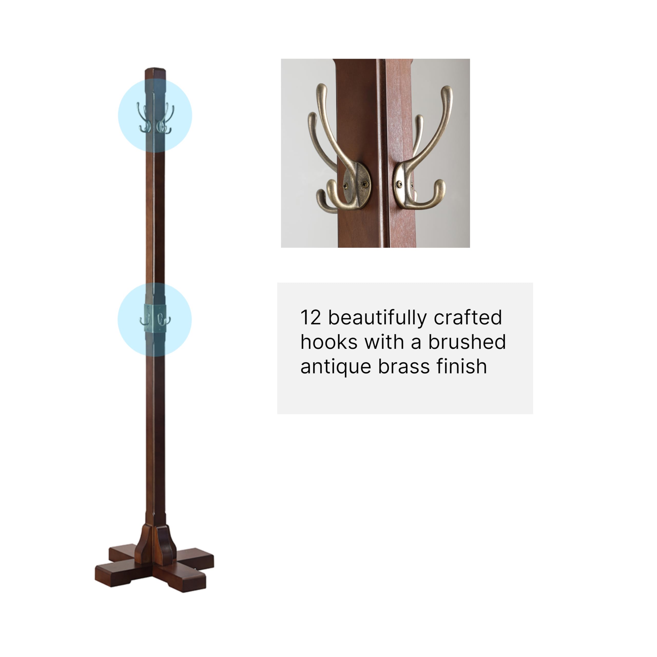 Proman Products Windsor Freestanding Wooden Coat Rack Stand with 12 Hanger Hooks - Walnut Finish for Clothes, Hats, Purses & Bags - Perfect for Entryway, Bedroom, Living Room, Office & Mudroom Organization