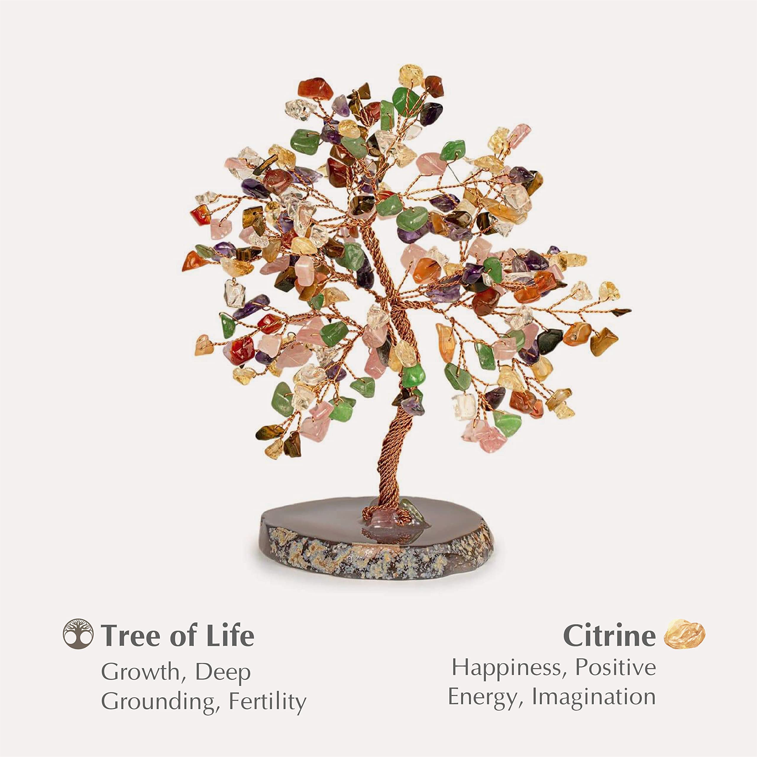 Karma and Luck Feng Shui Tree of Life Home Decor with Real Gemstones - Handcrafted Copper Wire Wrapped Agate Base - Spiritual Gift from Bali (6 Inch) - Perfect for Meditation Room, Office Desk & Positive Energy Space
