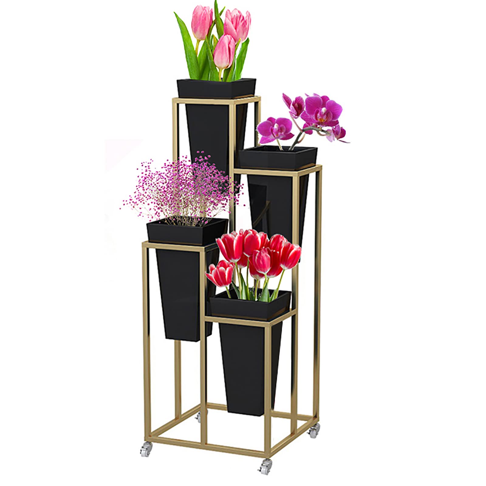 Decorative Metal Flower Display Stand with Buckets - Indoor/Outdoor Plant Shelf for Potted Plants, Florist Planter Holder - Perfect for Garden, Living Room, Balcony & Home Decor