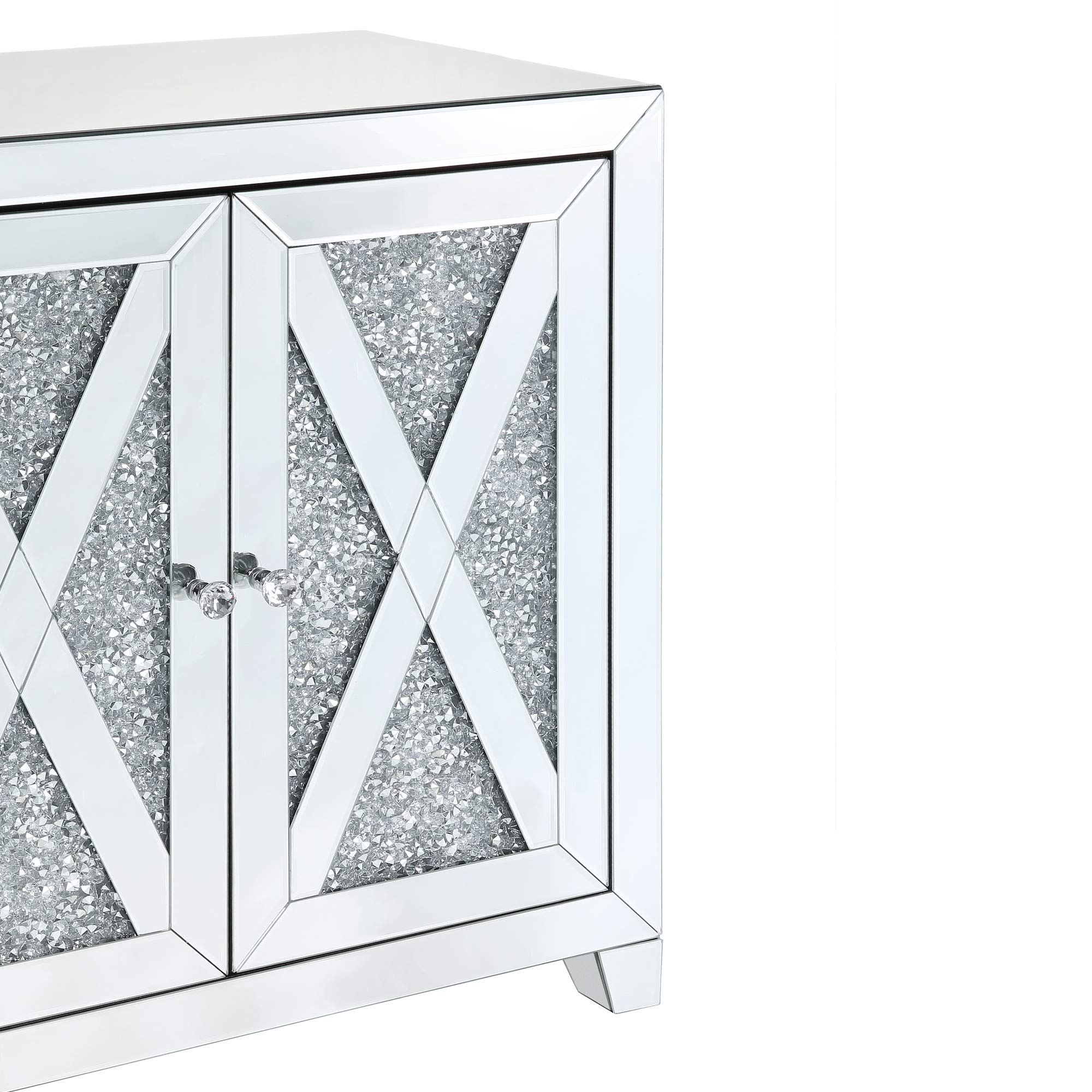 Benjara Silver Storage Cabinet with Mirror Trim & X-Shape Design - Perfect for Bedroom, Bathroom, or Entryway Organization