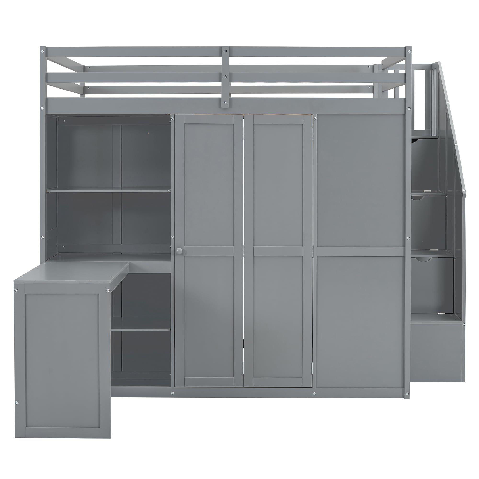 Merax Full Size Loft Bed with Wardrobe, Desk & Shelves - Sturdy Wooden Bunk Bed Frame in Grey - Perfect for Small Spaces, Dorm Rooms & Kids Bedrooms