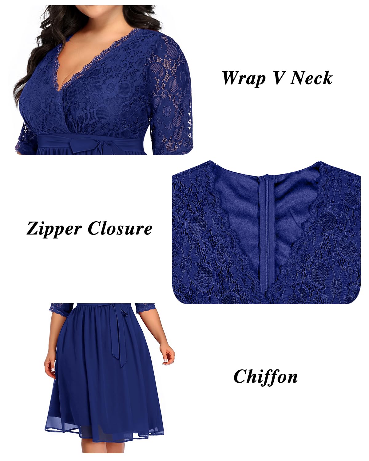 Plus Size Lace Chiffon Wrap V-Neck Midi Dress for Women - Elegant Cocktail & Wedding Guest Dress - Perfect for Parties, Date Nights & Special Occasions