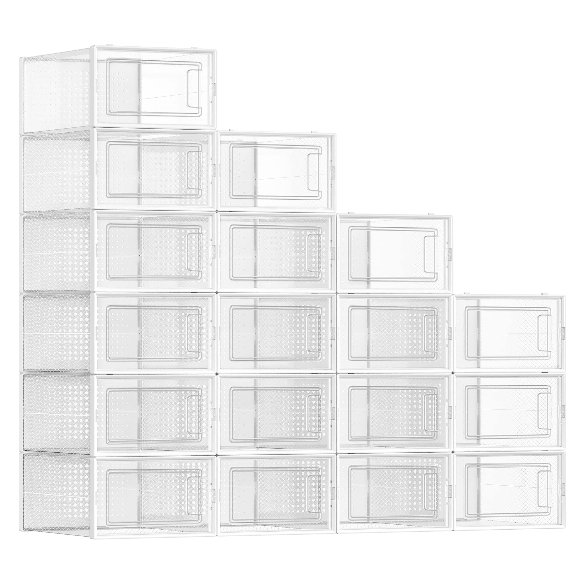 SONGMICS 18-Pack Clear Plastic Shoe Storage Boxes, Stackable Shoe Organizers for Closet - 9.1 x 13.1 x 5.6 Inches, Fits up to US Men's Size 11 (Transparent & White) | Perfect for Sneaker Collection, Closet Organization & Small Space Storage