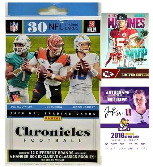 2020 Panini CHRONICLES Football Card Hanger Box - 30 Trading Cards Including Justin Herbert & Joe Burrow Rookie Cards, Custom Mahomes & Burrow Cards - Perfect for Collectors, Gifts & Fantasy Football Fans