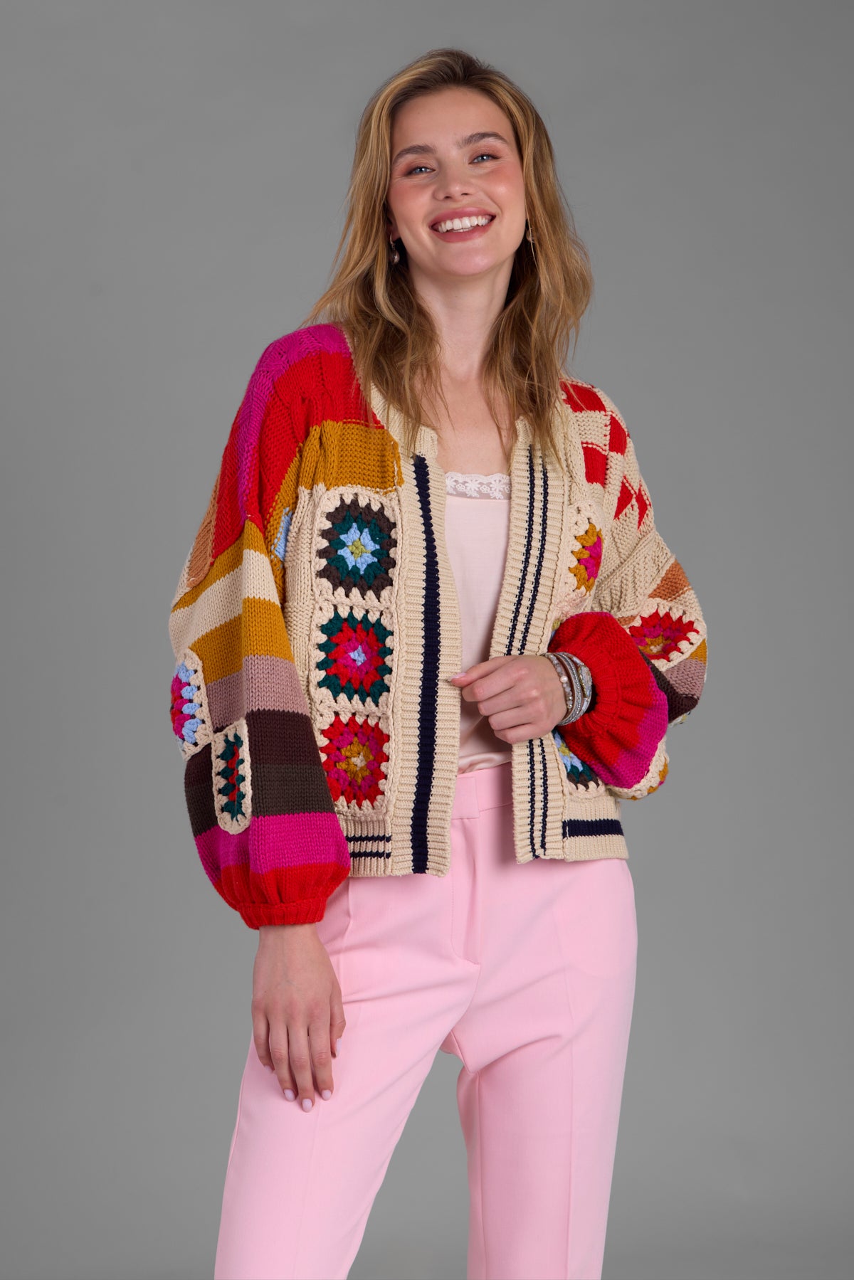 Square Checkered Multi-Pattern Cardigan for Women - Stylish Knit Sweater for Fall & Winter Fashion, Office Wear, and Casual Outfits