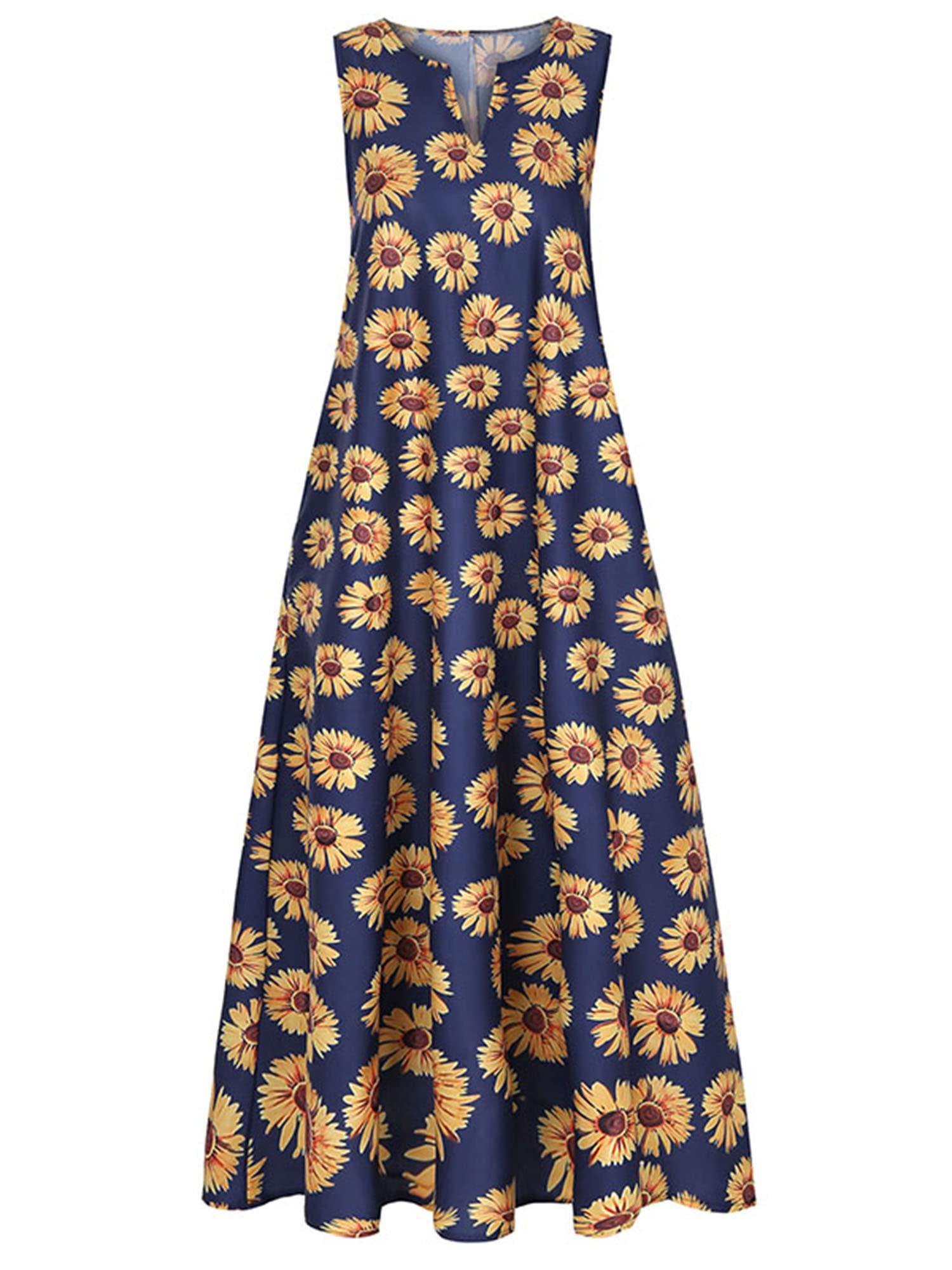 Sexy Floral Print V Neck Summer Maxi Dress for Women - Loose Casual Pleated Tunic Dress with Pockets | Beach Vacation, Party, Date Night Outfit