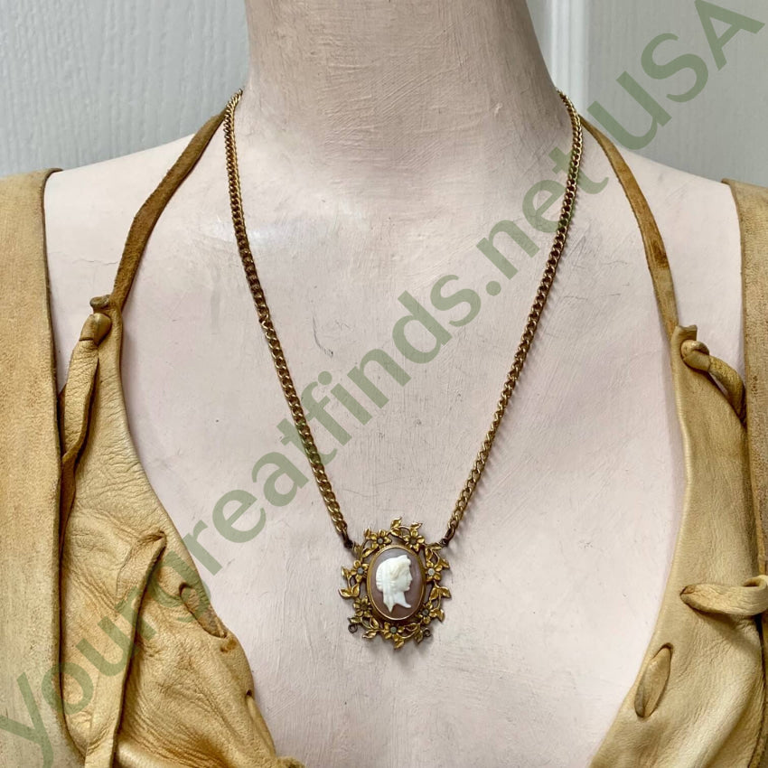 Vintage Gold Filled Cameo Necklace with Rhinestones - Elegant Antique Jewelry for Women, Perfect for Weddings, Parties & Special Occasions