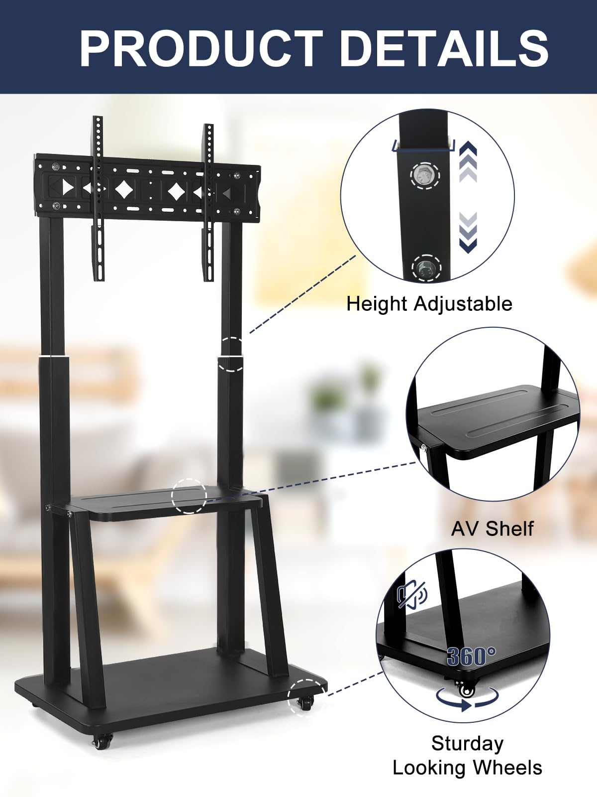 Heavy Duty Rolling TV Stand with Wheels for 42-86 Inch Flat/Curved Screens - Adjustable Height Mobile TV Cart with Laptop/DVD Shelf (Supports 176lbs) - Perfect for Living Rooms, Bedrooms & Home Theaters