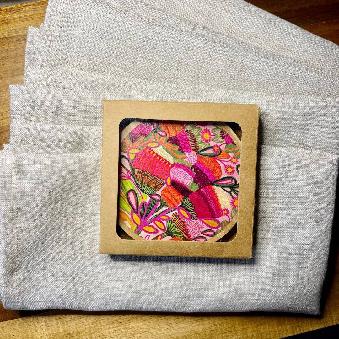 Wild Blooms Wooden Coasters and Napkin Set - 4-Piece Natural Wood Drink Coasters with Matching Napkins for Home, Kitchen, Dining Table, and Party Decor