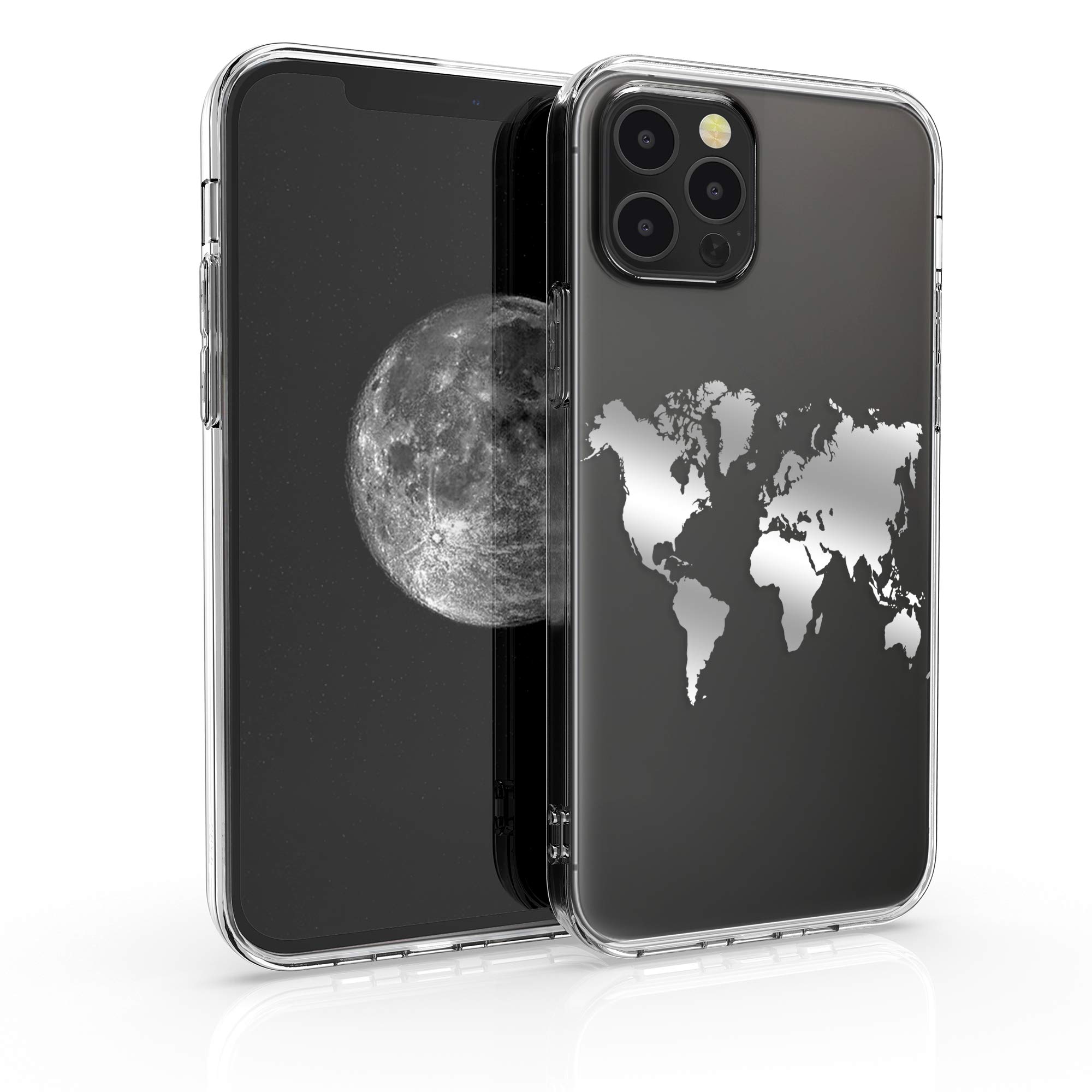 kwmobile TPU Case for Apple iPhone 12 & iPhone 12 Pro - Slim Protective Phone Cover - Travel Outline Silver/Transparent - Perfect for Everyday Use & Travel Protection