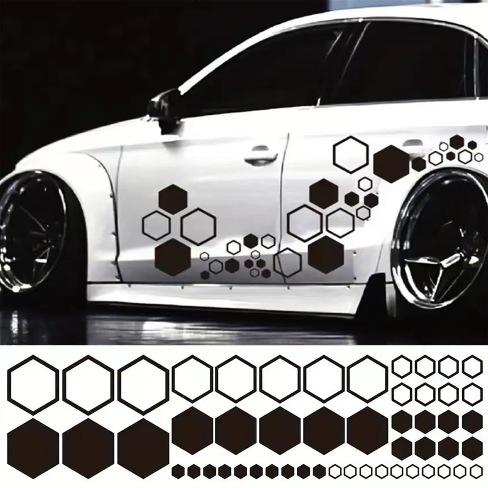 52 Grids PVC Honeycomb Hexagonal Car Stickers - Glossy Auto Body Decals for DIY Car Tuning & Side Decoration (Black) - Perfect for Customizing Sedans, SUVs, and Trucks