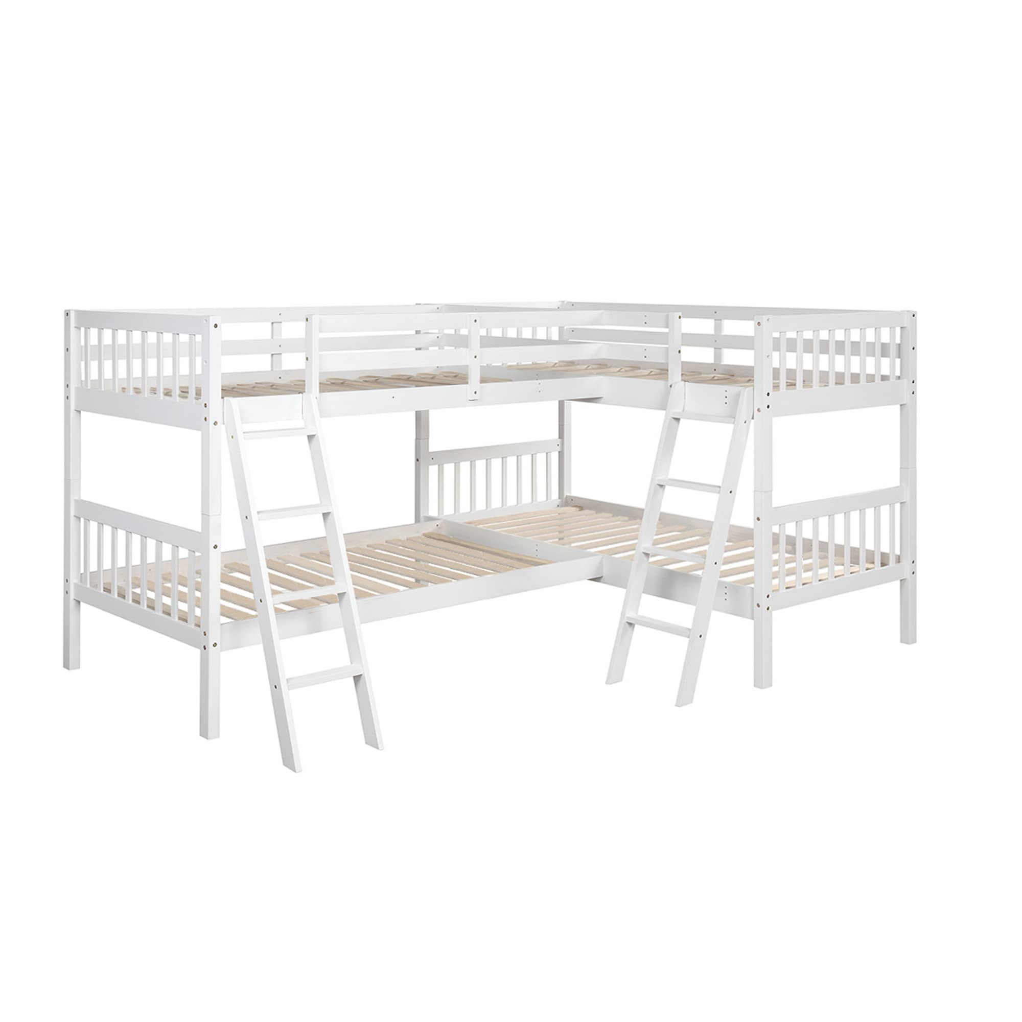 Harper & Bright Designs L-Shaped Quad Bunk Bed for 4 - Twin Size Wooden Bunk Bed Frame for Kids, Teens & Adults in White | Space-Saving Solution for Shared Bedrooms, Dorms & Vacation Homes