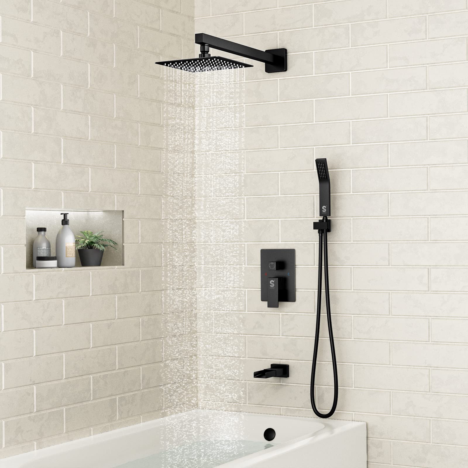 SR SUN RISE 8-Inch Matte Black All-Metal Bathtub and Shower Faucet Combo Set with Tub Spout, Handheld Shower Head & Valve - Perfect for Modern Bathroom Renovations and Spa-Like Shower Experiences