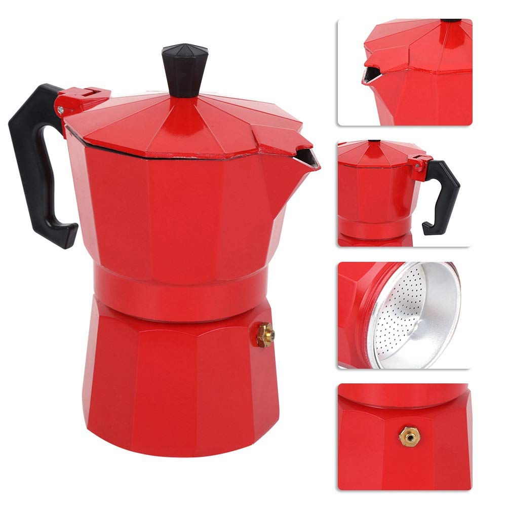 6 Cup Italian Moka Pot Coffee Maker - Stovetop Espresso Maker for Home & Office - Perfect for Espresso, Latte & Cappuccino (Red) - Ideal for Morning Brews & Coffee Lovers
