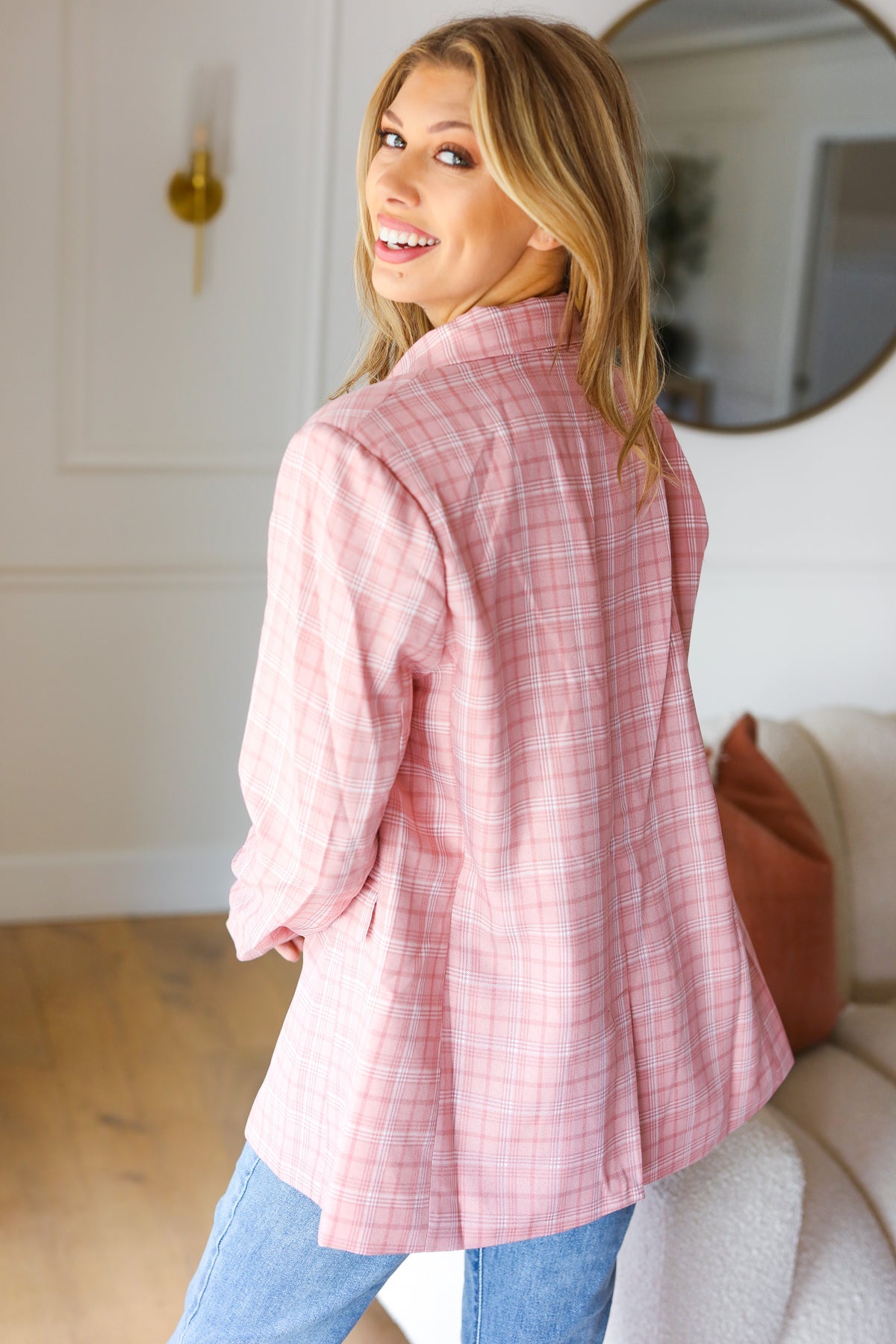 Stylish Pink Plaid Double Breasted Blazer with Lapel Collar - Perfect for Office Wear, Business Meetings & Formal Events