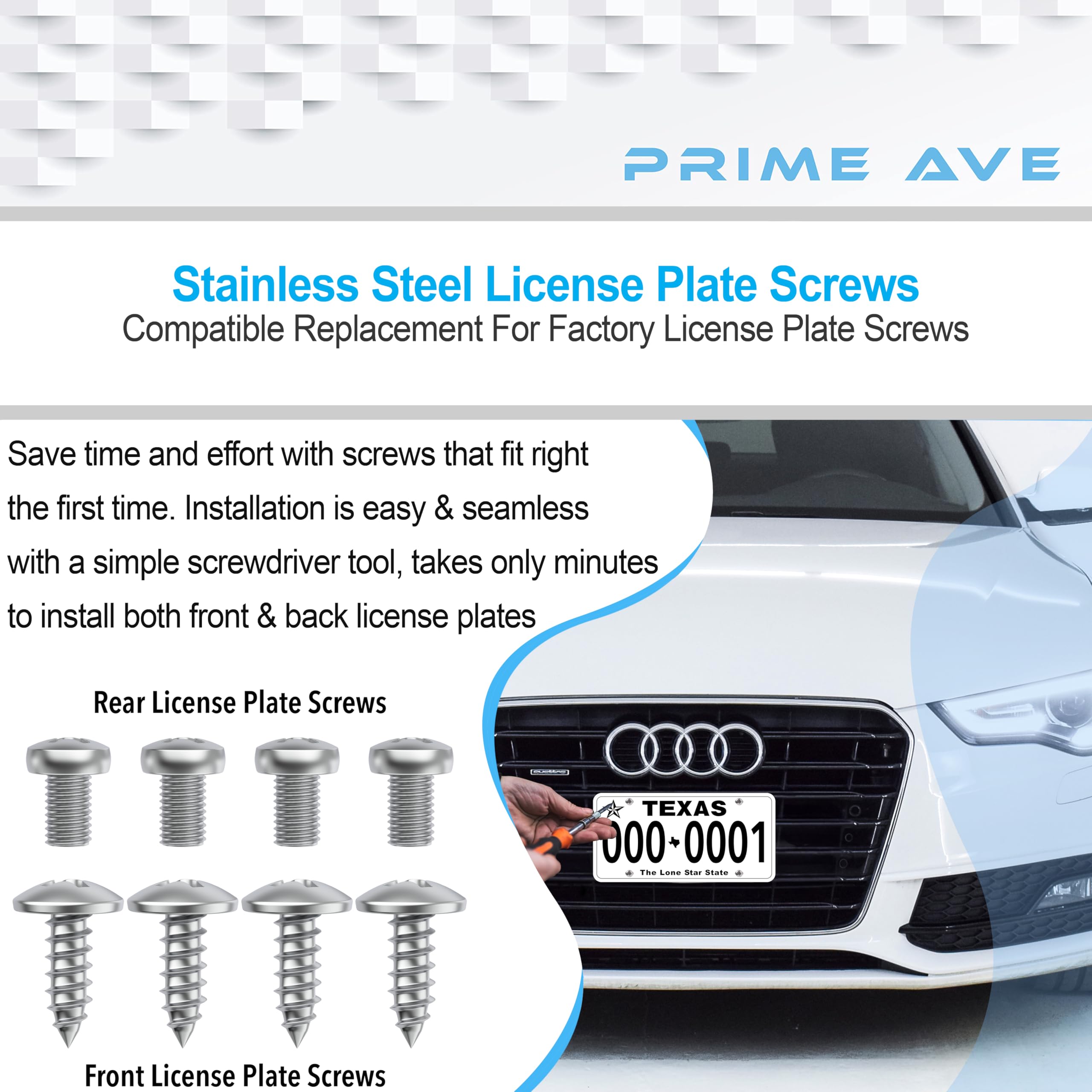 Premium Stainless Steel License Plate Screws - Rust Proof & Durable Fastener Kit for Car License Plates, Frames, Covers (8 Pack) - Fits Audi & Most Vehicles - Perfect for Front/Rear Plate Installation & Secure Mounting