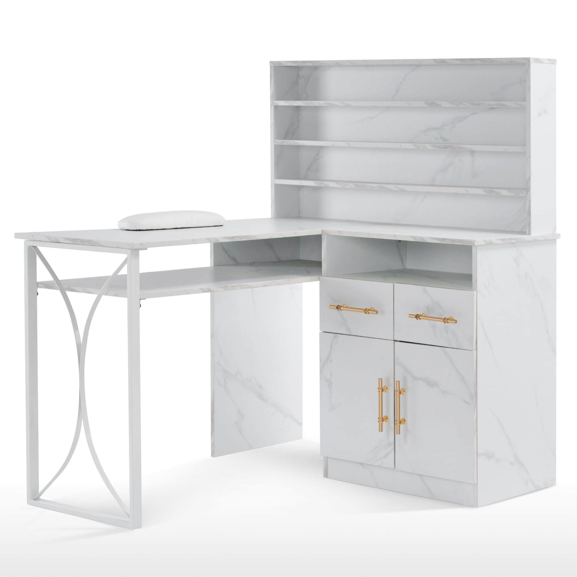 Professional L-Shaped Nail Salon Desk with Storage Drawers & Cabinets - White Manicure Workstation for Efficient Organization | Perfect for Home & Salon Use
