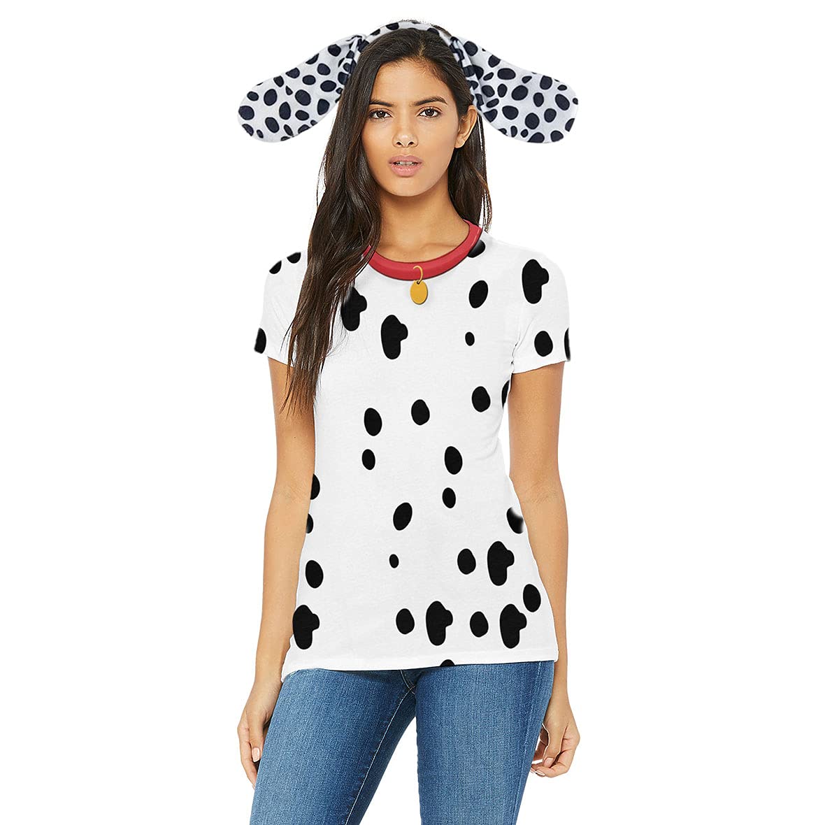 Women's Halloween Dalmatian Dog Costume - Sublimation T-Shirt with Red Collar & Dog Ears Headband - Perfect for Halloween Parties, Cosplay & Pet Lover Outfits