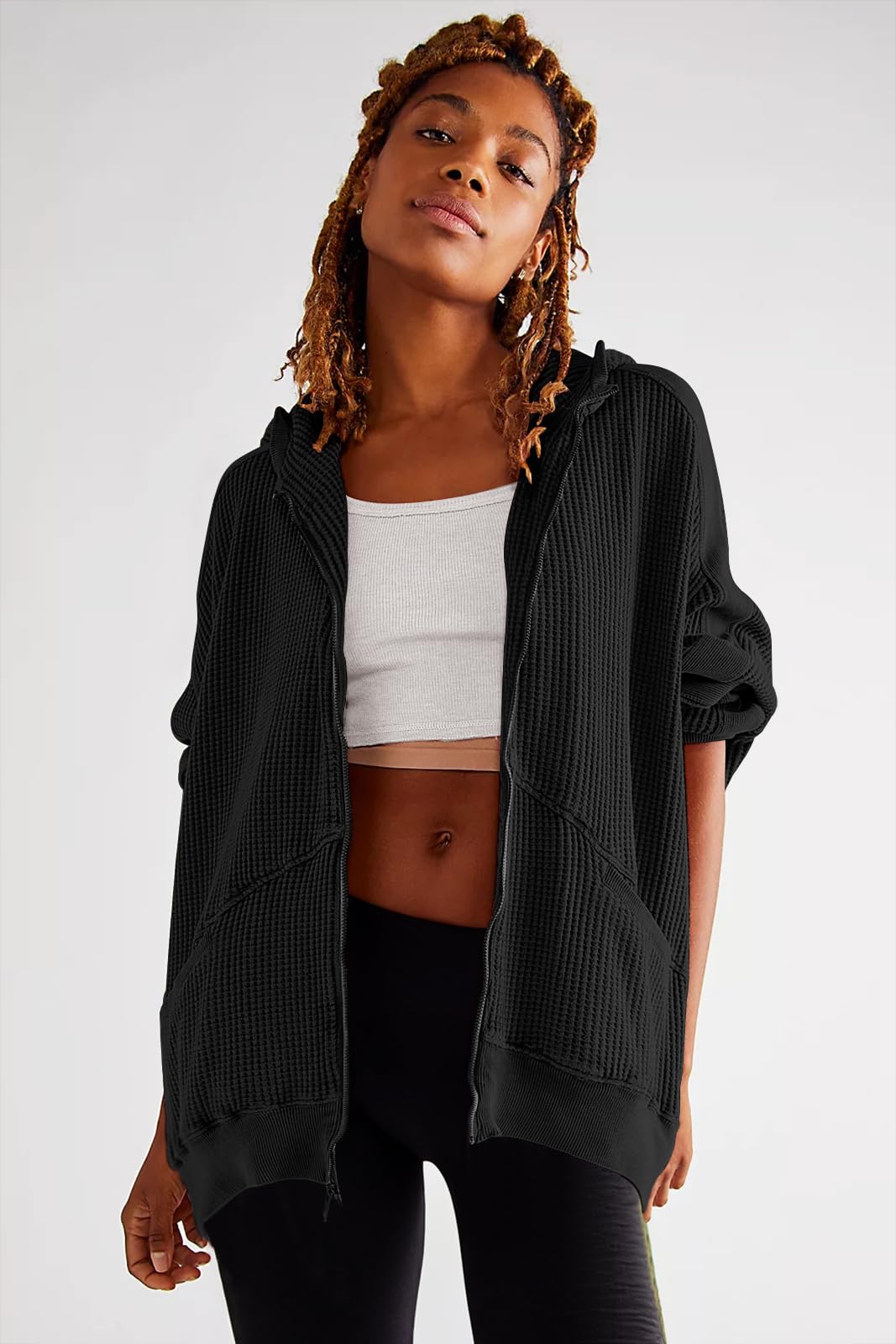 Women's Oversized Waffle Knit Zip Up Hoodie Jacket - Long Sleeve Shacket Blouse with Pockets - Casual Loungewear & Streetwear Fashion for Fall/Winter