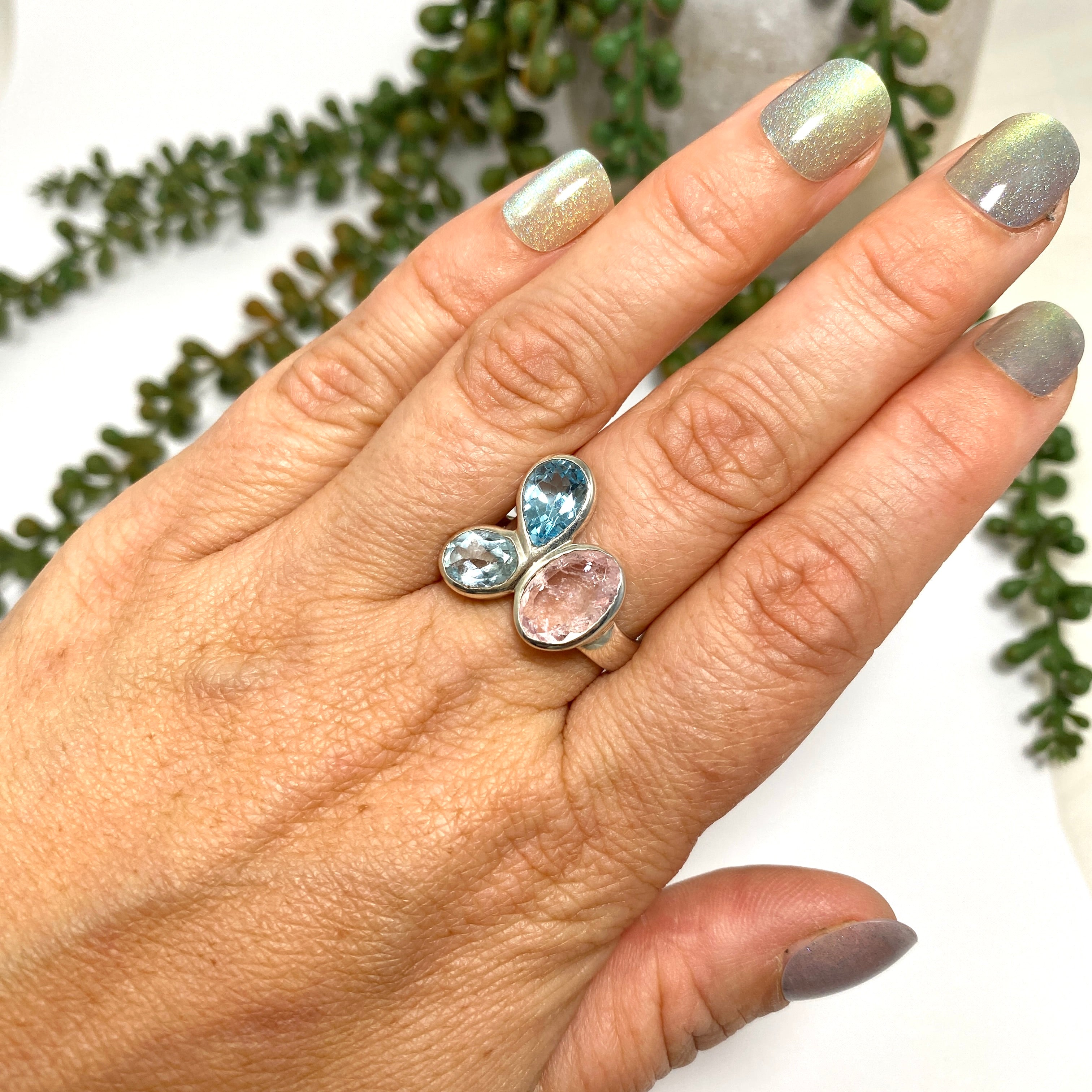 Morganite and Blue Topaz Multi-Stone Faceted Ring Size 8 - Elegant Birthstone Jewelry for Women, Perfect for Weddings, Anniversaries & Special Occasions