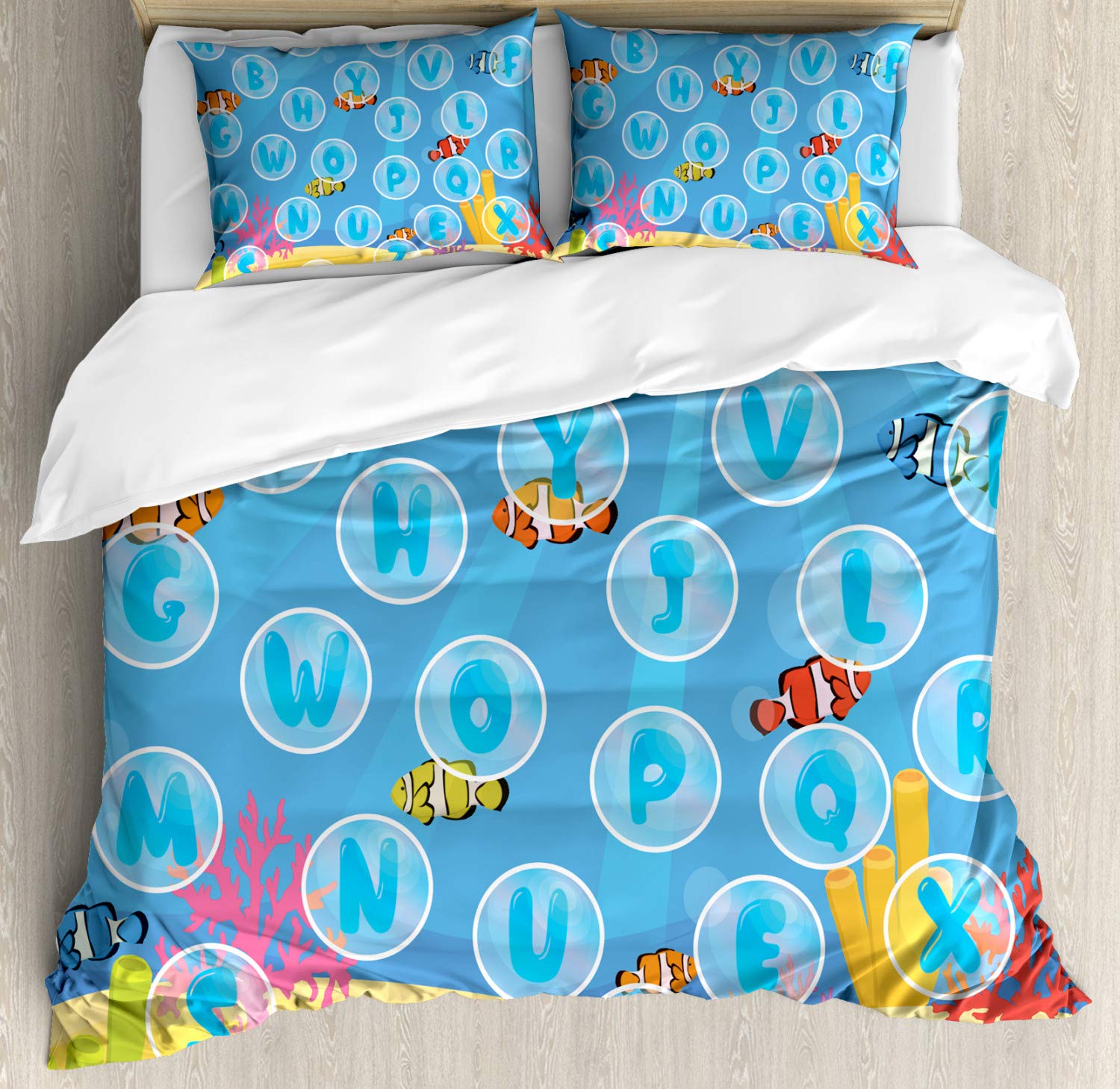 Ambesonne Cartoon Alphabet Duvet Cover Set - Under The Sea Bubble Letters Design, 3-Piece Queen Size Bedding with 2 Pillow Shams, Multicolor | Fun Kids Room Decor & Playful Nursery Theme