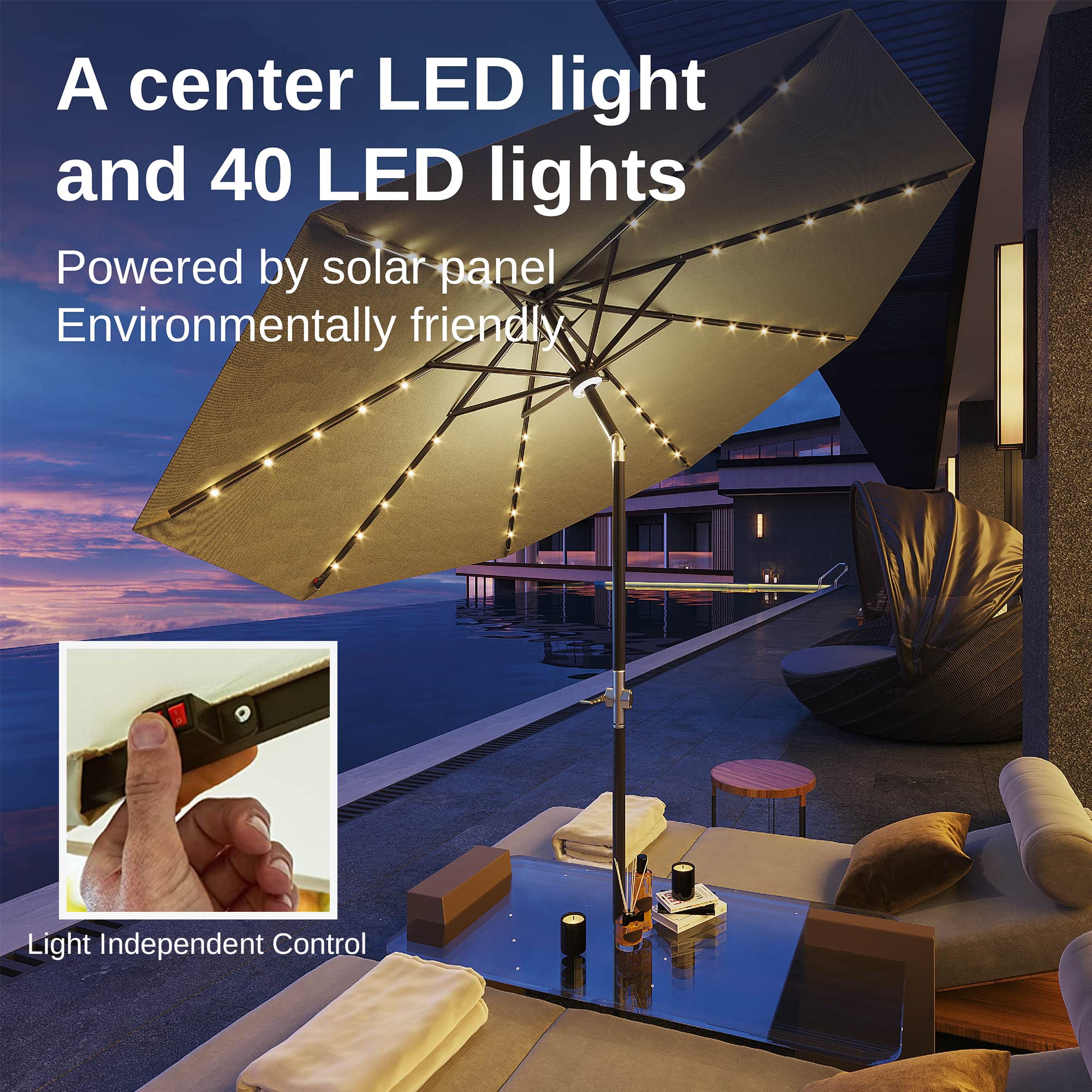 EAST OAK 9 ft Outdoor Patio Umbrella with 40 LED Solar Lights - Waterproof, UV 30+ Fade Resistant - Perfect for Garden, Deck, Backyard, Pool and Beach - Beige | Ideal for Outdoor Dining, Lounging, and Summer Parties