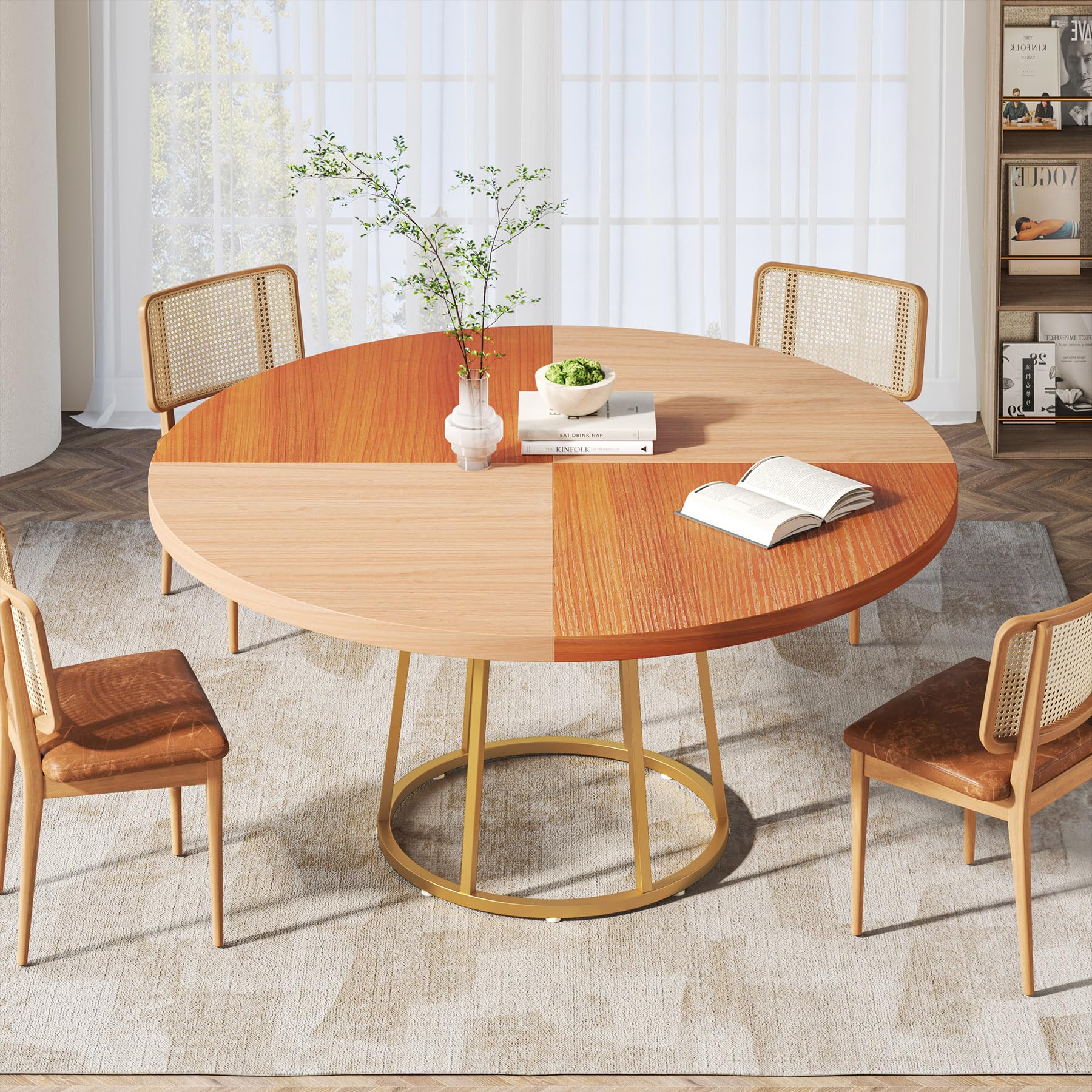 Tribesigns 47 Inch Round Dining Table with Golden Metal Base & Wood Grain Top - Modern Kitchen, Dining Room & Living Room Furniture for Home Decor & Entertaining