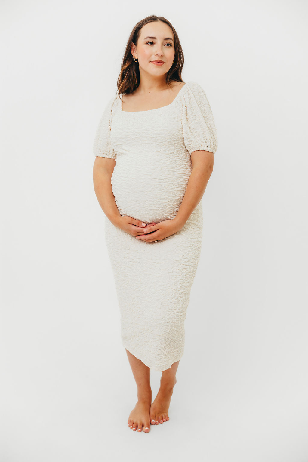 Blakeley Textured Midi Dress in Ivory - Bump Friendly Maternity Dress & Inclusive Sizing (S-3XL) | Perfect for Baby Showers, Bridal Events & Everyday Wear