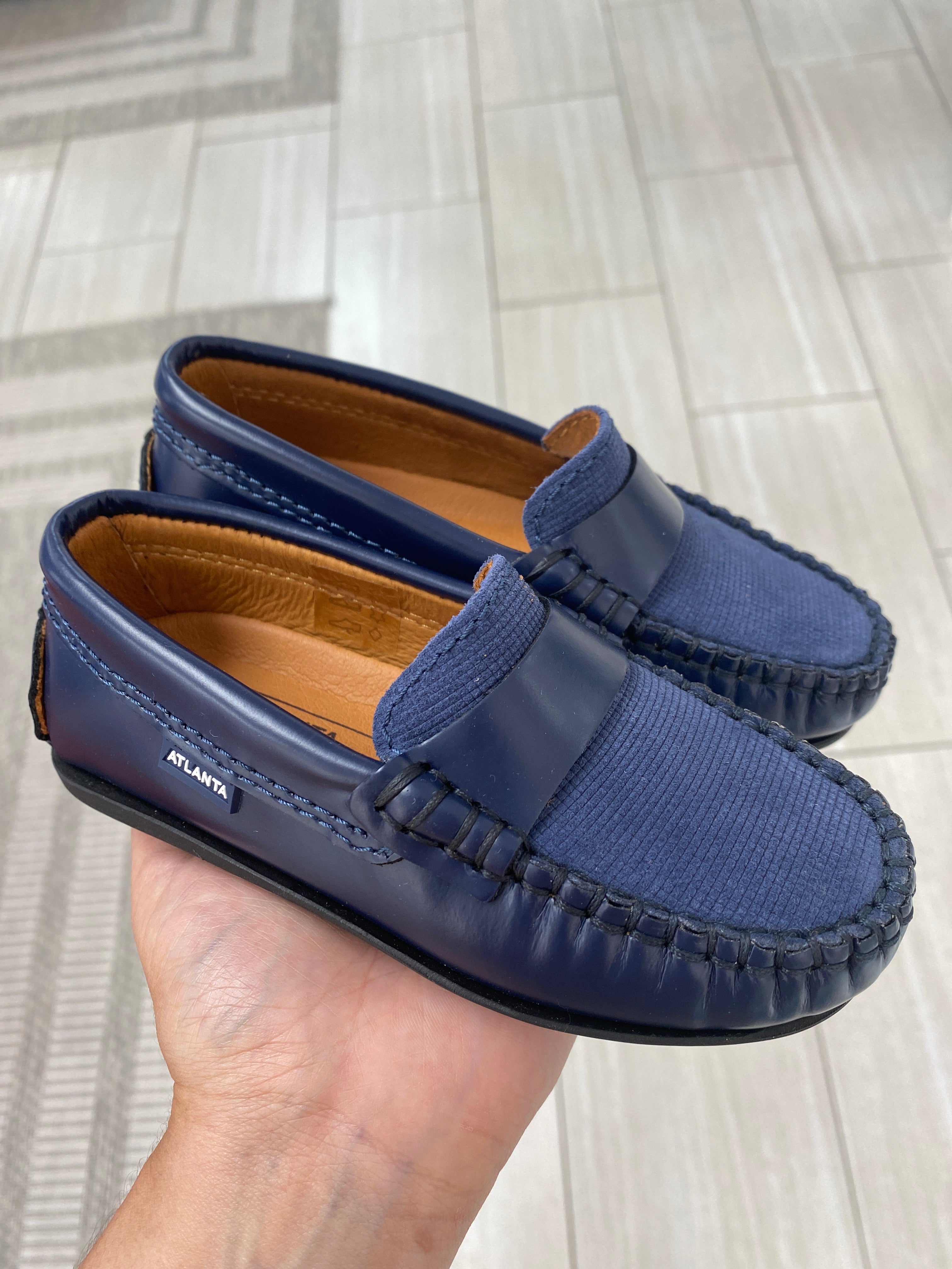 Men's Navy Penny Loafers - Genuine Leather & Twill Moccasin Style Slip-On Shoes for Business Casual & Office Wear