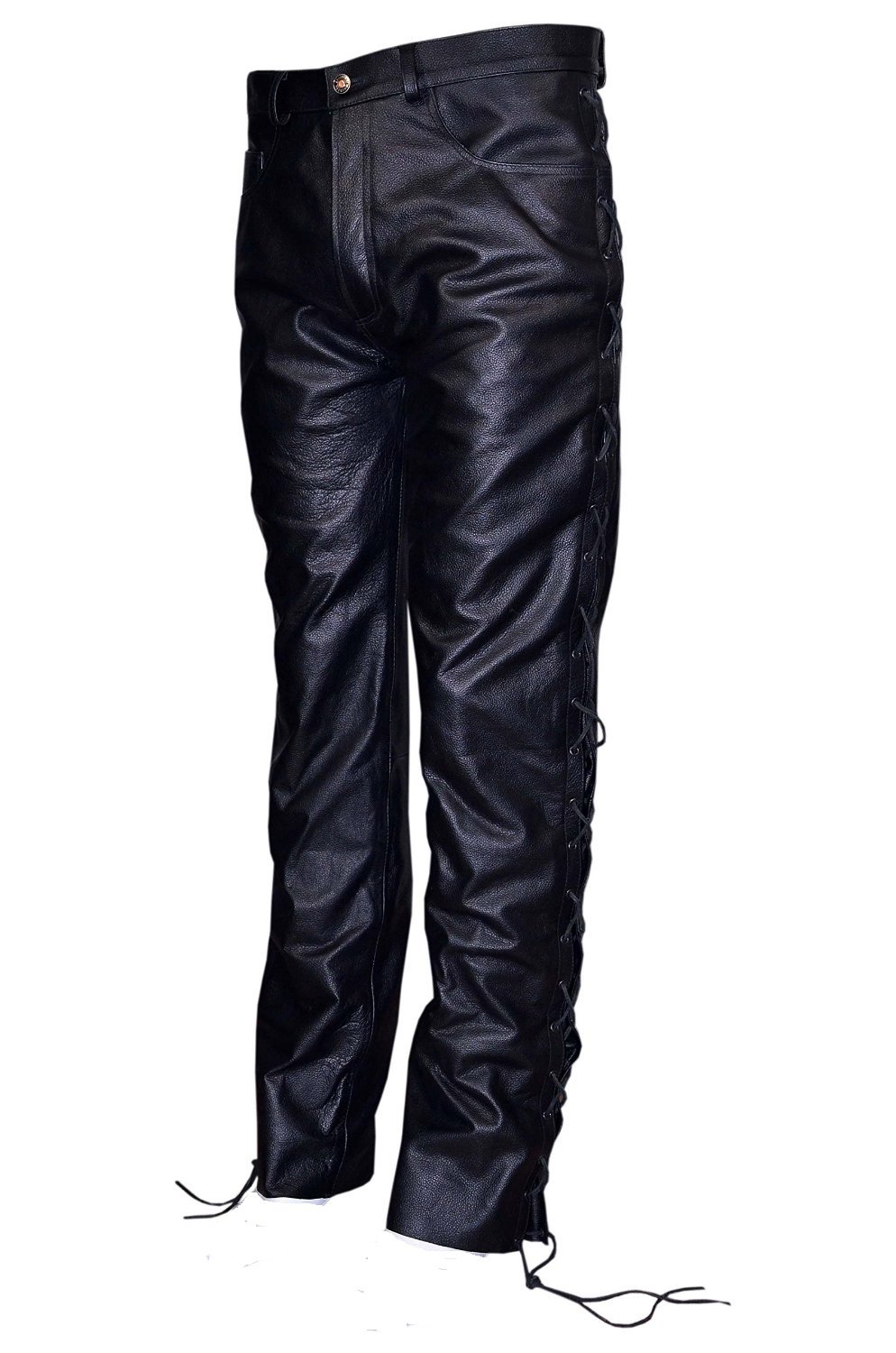 Men's Black Genuine Leather Motorcycle Biker Jeans - Classic 501 Fit for Riding & Casual Wear | Durable Real Hide Leather Pants for Harley Davidson & Cruiser Bikes