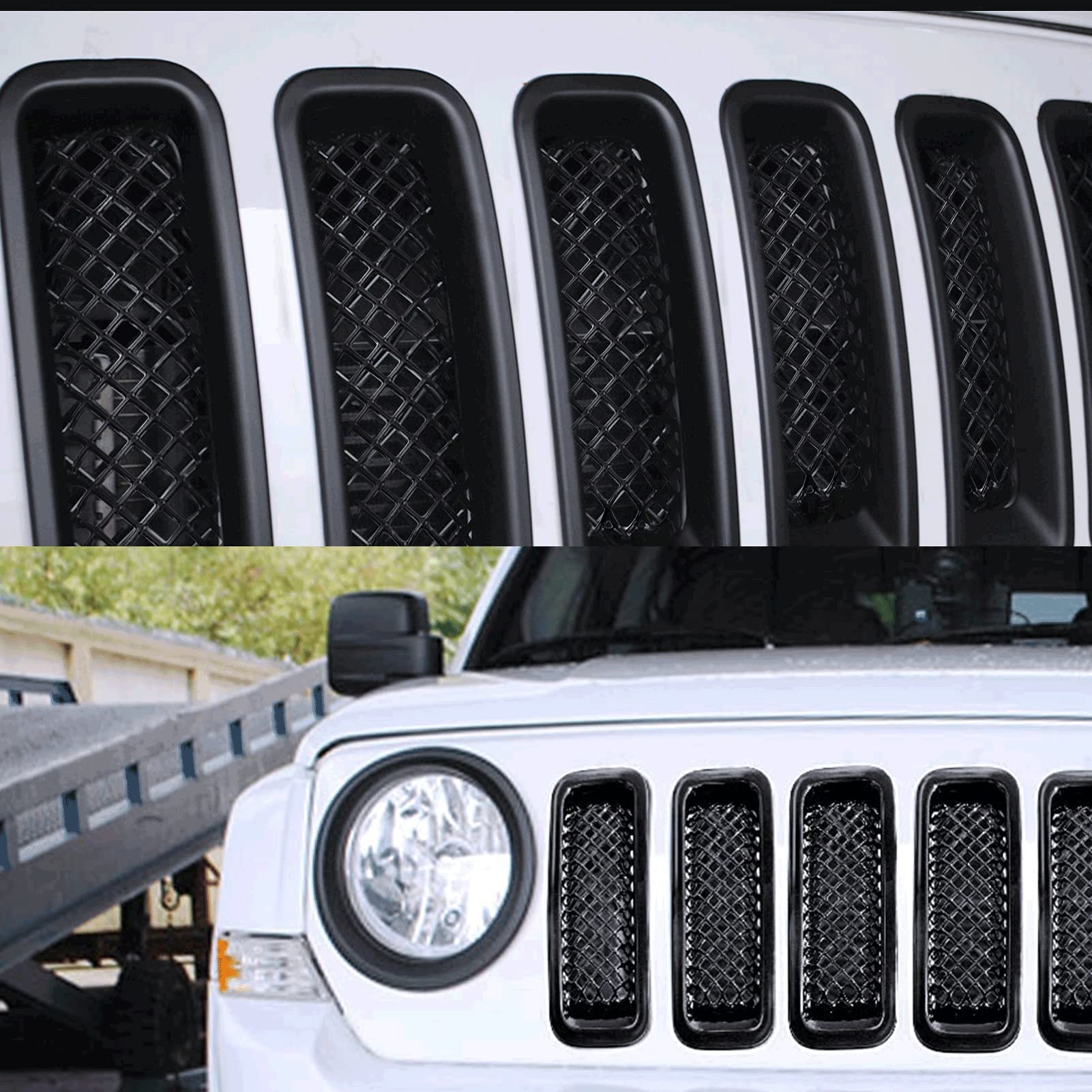 ABS Black 7-Piece Front Grill Mesh Inserts Cover Frame Trim Kit for 2011-2016 Jeep Patriot - Off-Road Style Upgrade & Improved Protection