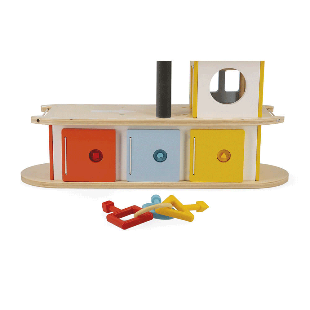 Janod Bolid Garage - Wooden Toy Car Garage for Kids with Elevator & Parking - Perfect for Pretend Play, Gift for Boys & Girls Ages 3+