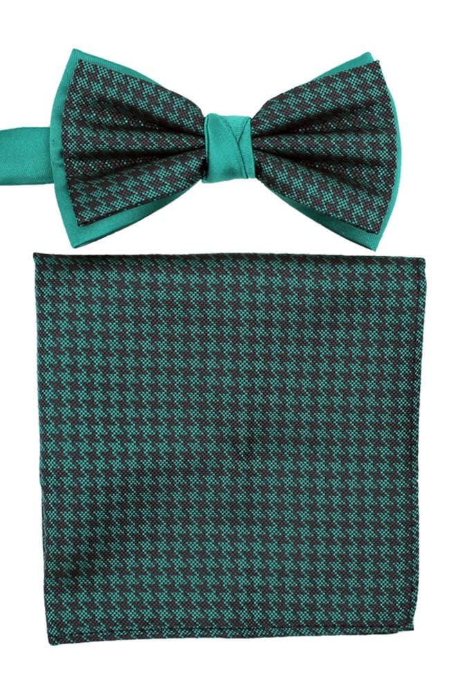 L.A. Smith Poly Green Dogtooth Bow Tie and Pocket Square Set - Formal Wear Accessories for Weddings, Parties & Special Occasions