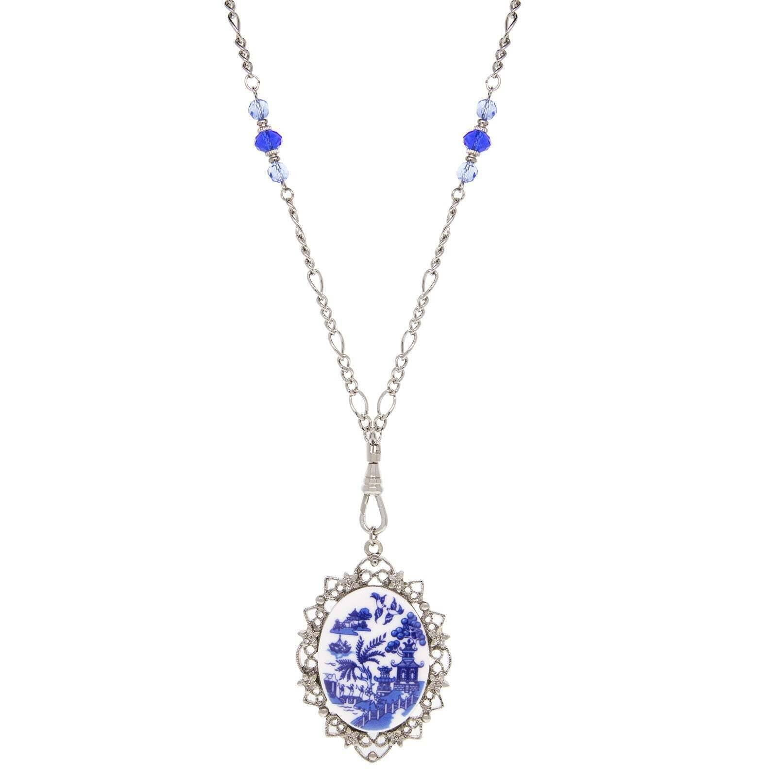 1928 Jewelry Light Sapphire Crystal Blue Willow Pagoda Oval Swivel Pendant Necklace - 30 Inch Chain - Vintage Inspired Jewelry for Women - Perfect for Weddings, Parties & Special Occasions