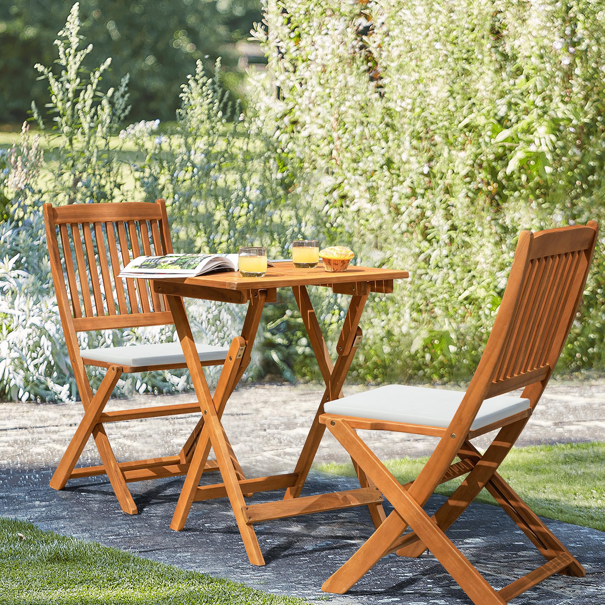 Flamaker 3-Piece Acacia Wood Folding Bistro Set - Outdoor Square Table and Chairs for Patio, Balcony, Porch, Lawn & Backyard - Natural Wood Garden Furniture for Dining, Relaxing & Entertaining Guests
