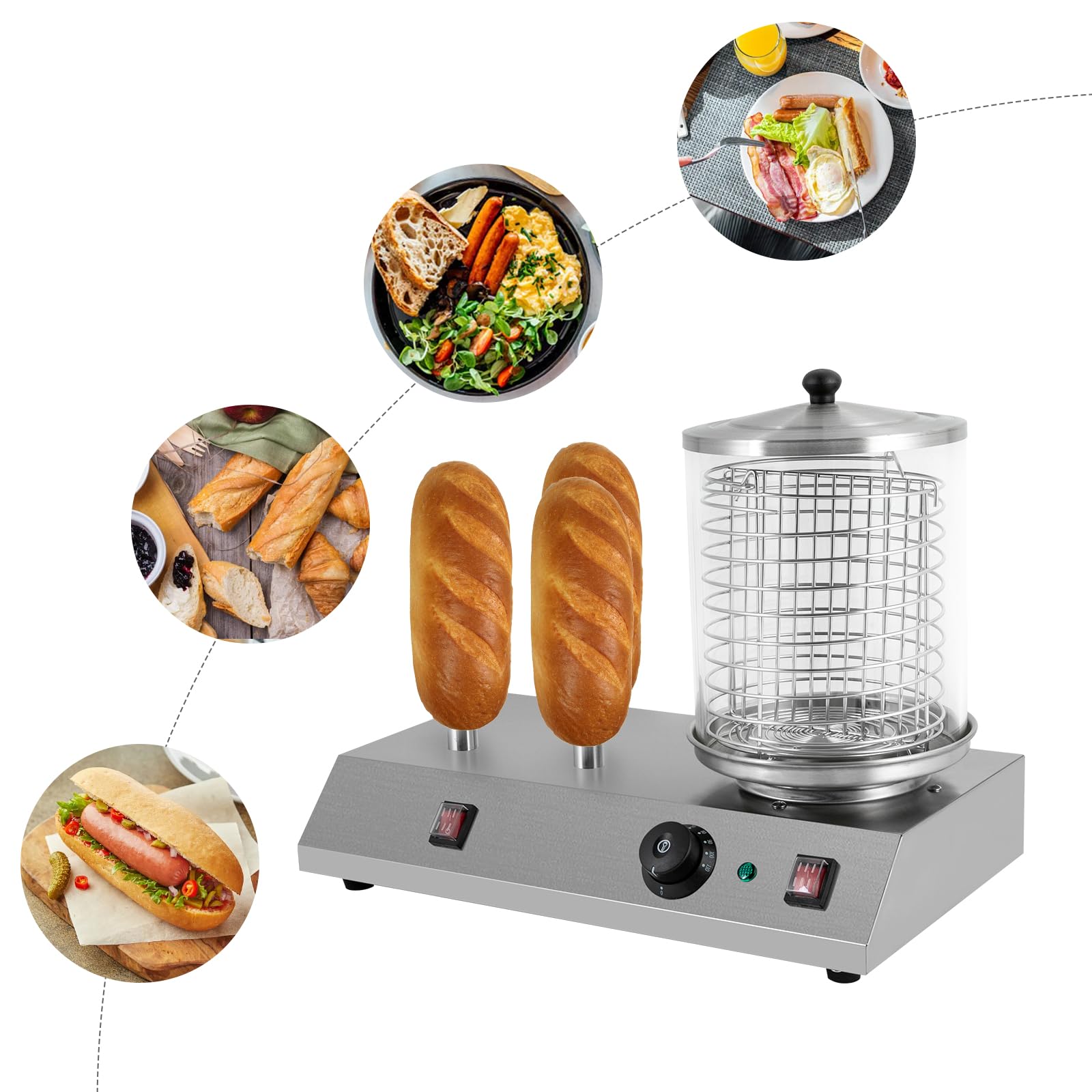 Professional 110V 458W Electric Hot Dog Steamer with 3 Aluminum Tubes & Bun Warmer - Commercial Hot Dog Machine for Restaurants, Food Trucks, and Snack Bars - Perfect for Fast Food Service, Concession Stands, and Catering Events