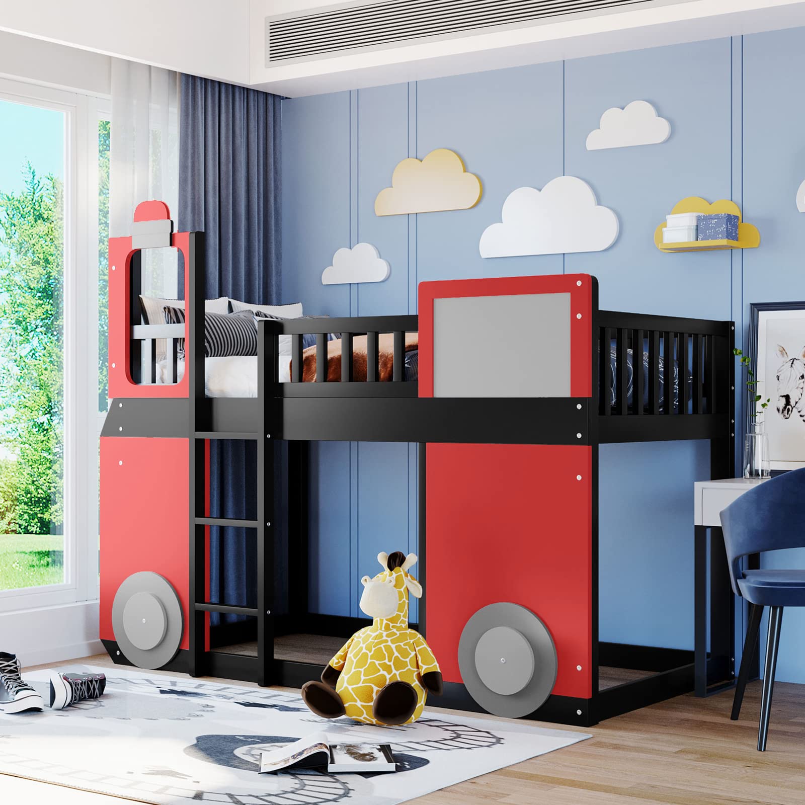 Twin Size Wooden Loft Bed for Kids - Solid Wood Train-Shaped Design with Under Bed Storage, Safety Guardrails & Ladder | Perfect for Small Bedrooms, Playrooms & Kids' Dorm Rooms