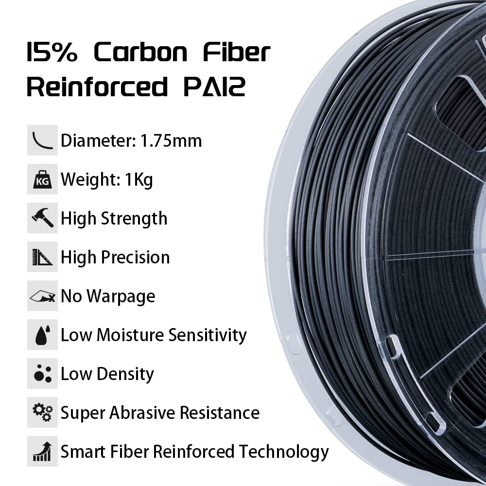 QIDI TECHNOLOGY PA12-CF Carbon Fiber Nylon 3D Printer Filament 1.75mm 1Kg Spool - High Strength, Precision, Low Warpage & Moisture Sensitivity - Ideal for Functional Prototypes, Automotive Parts & Industrial Applications