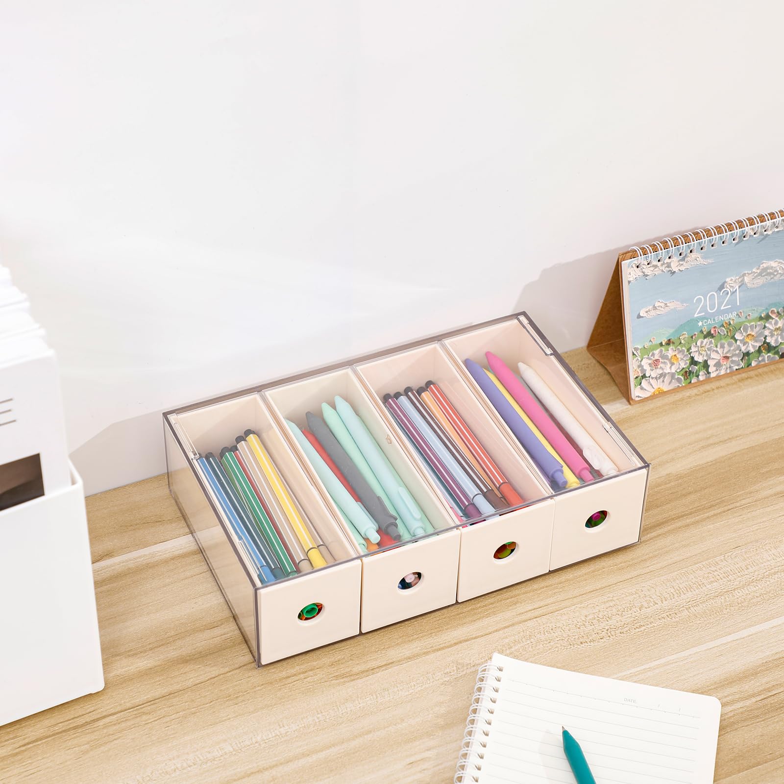 Yesesion 2-Pack Stackable Plastic Desk Organizer with 4 Drawers - Beige Home Office Storage Box for School Supplies, Art Crafts, Markers & Crayons | Perfect for Classroom, Office Desk & Craft Room Organization