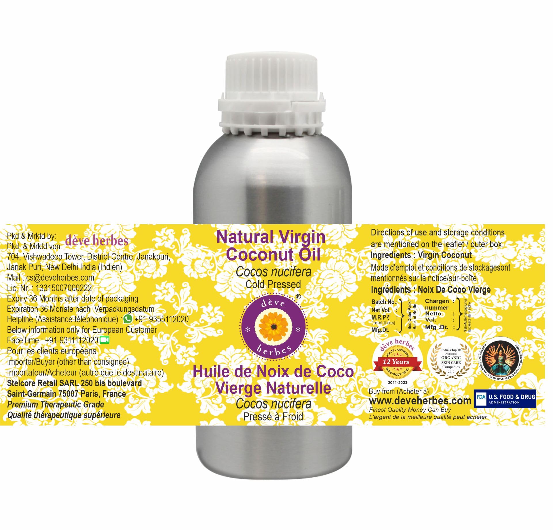 Organic Virgin Coconut Oil (Cocos Nucifera) - Cold Pressed, Unrefined, 21.3oz (630ml) - Therapeutic Grade for Cooking, Skin & Hair Care - Perfect for Baking, Massage & Natural Beauty
