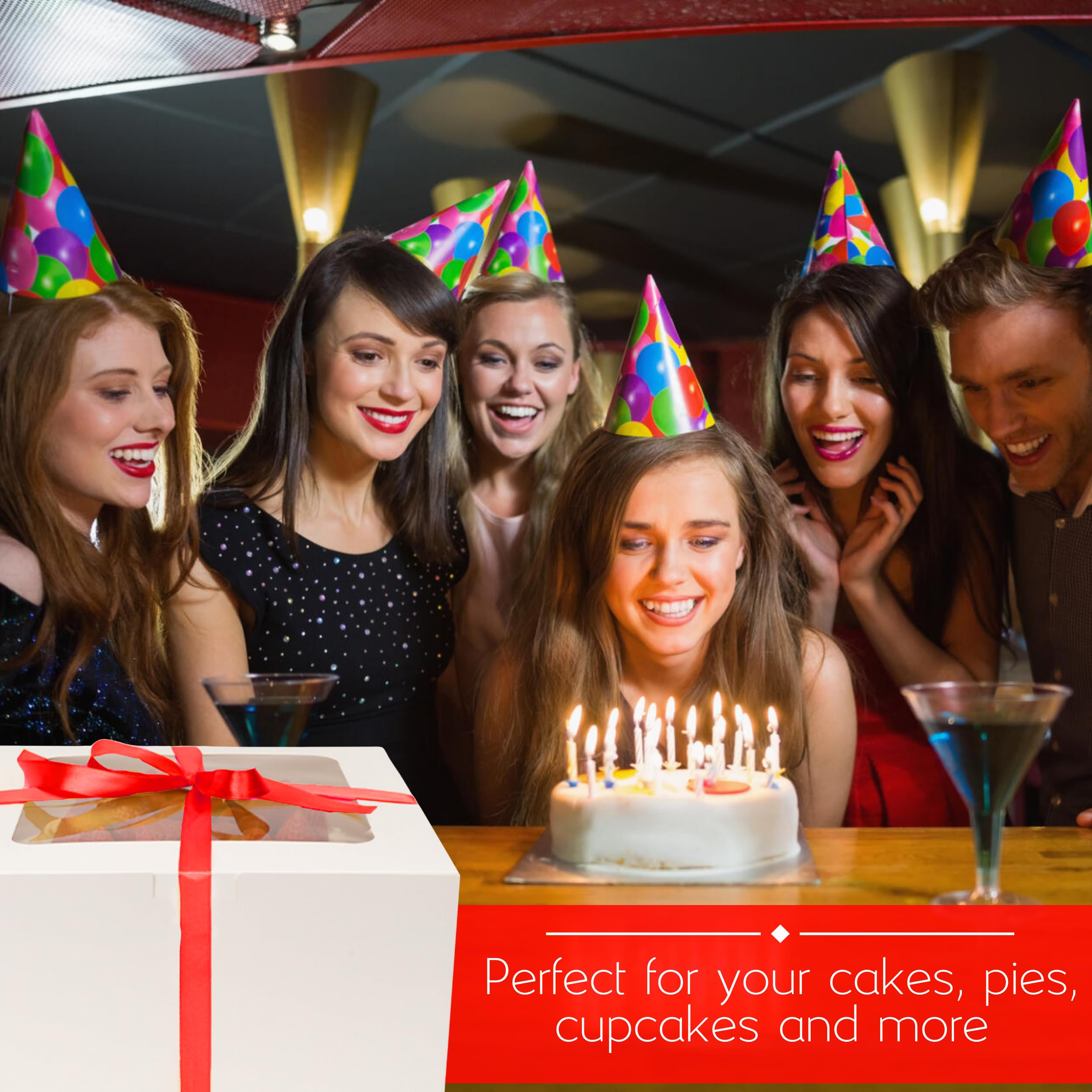 BELMAKS 10 Inch Cake Box Set - Disposable Bakery Boxes with Clear Window, Lids & Red Ribbons | Includes 10 Inch Cake Drum & Cake Board | Perfect for Birthday Cakes, Wedding Desserts & Bakery Display