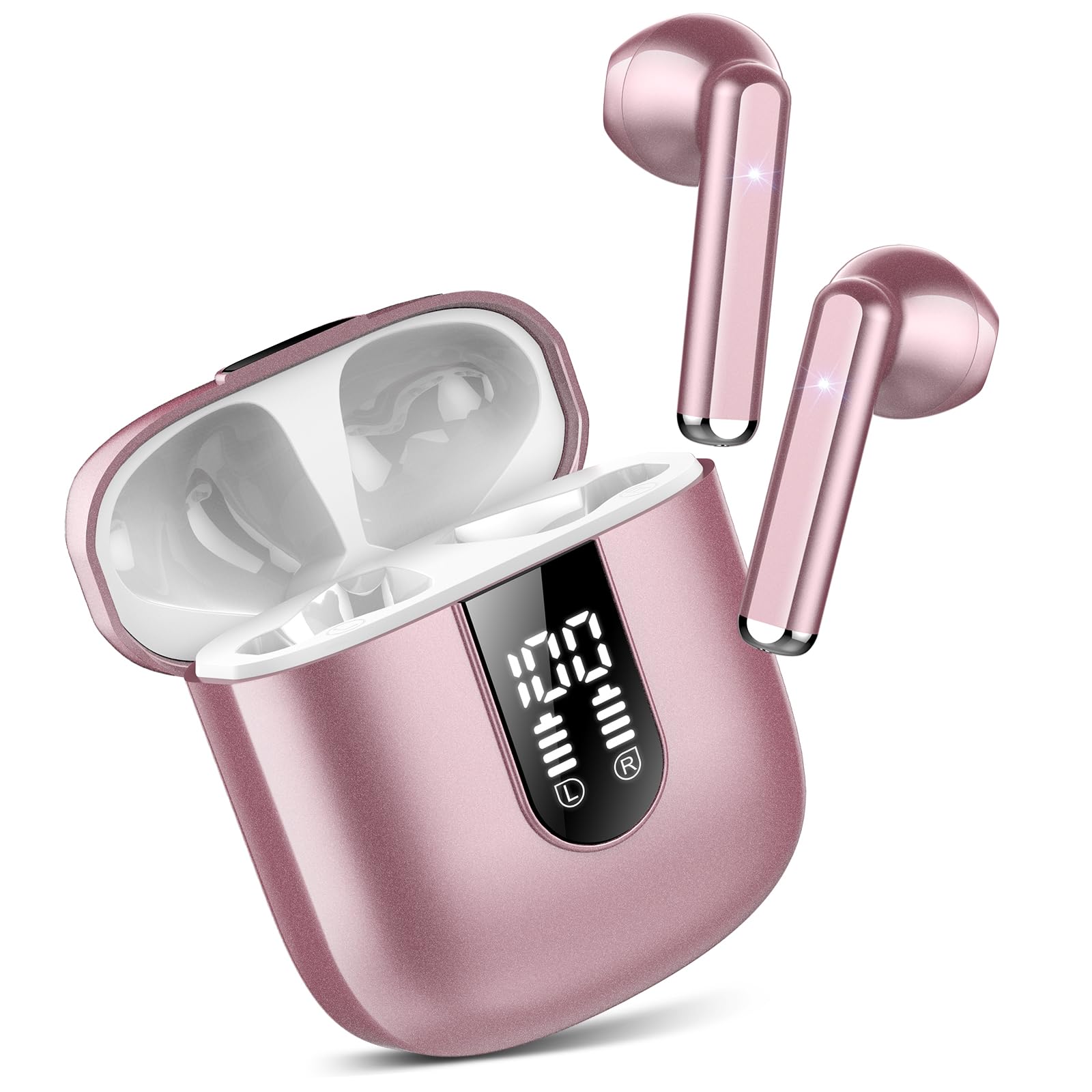 2025 Bluetooth 5.3 Wireless Earbuds with ENC Mic & LED Display - 30H Playtime, IP7 Waterproof for Gym & Sports - Coral Gold