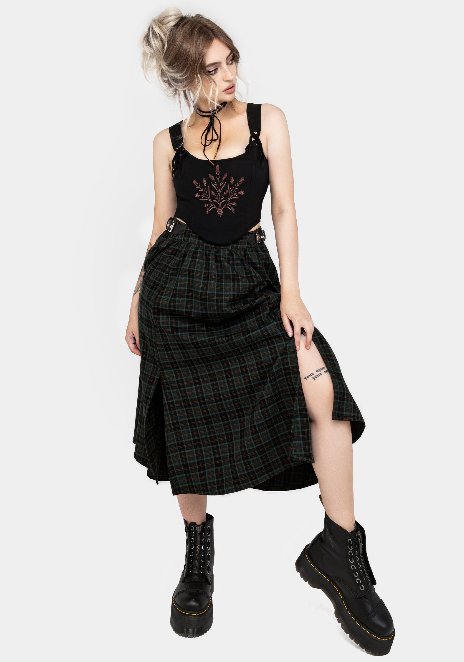 Elegant Nightingale Buckled Check Midi Skirt for Women - Vintage Plaid A-Line Skirt with Adjustable Belt - Perfect for Office, Date Night & Fall Fashion