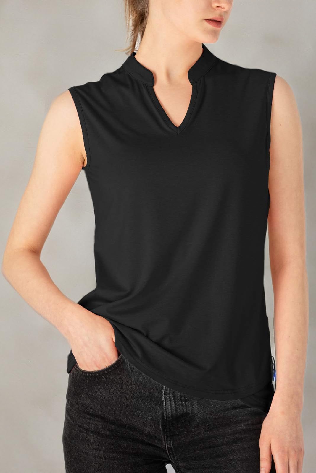 BASUDAM Women's Sleeveless Golf Polo Shirts - Breathable Quick Dry Athletic T-Shirt for Tennis, Running & Workouts | V-Neck Collarless Design for Comfort & Style