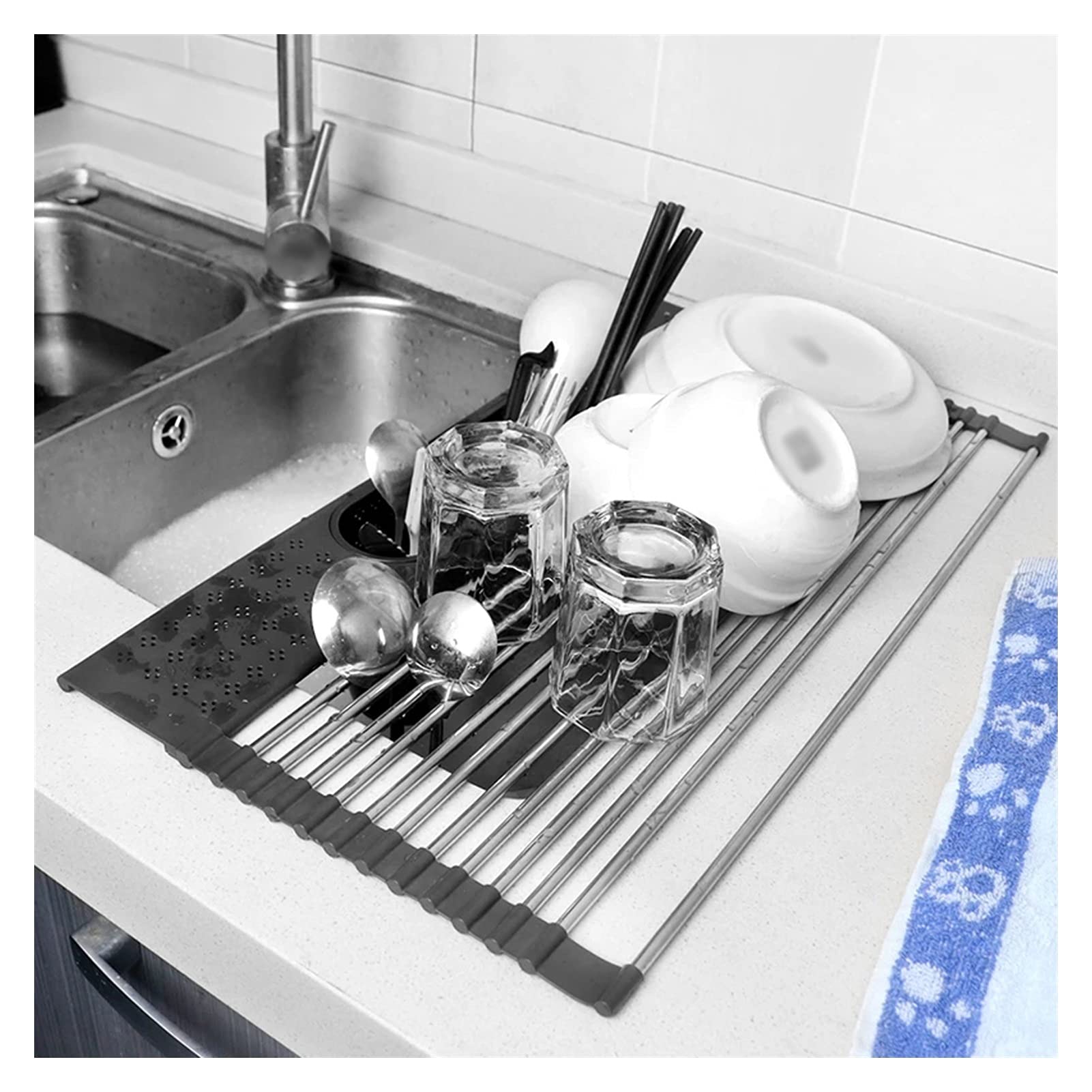 Stainless Steel Sink Colander Strainer & Dish Drying Rack - Foldable Space Saving Kitchen Organizer for Washing, Draining and Storing Dishes, Fruits & Vegetables