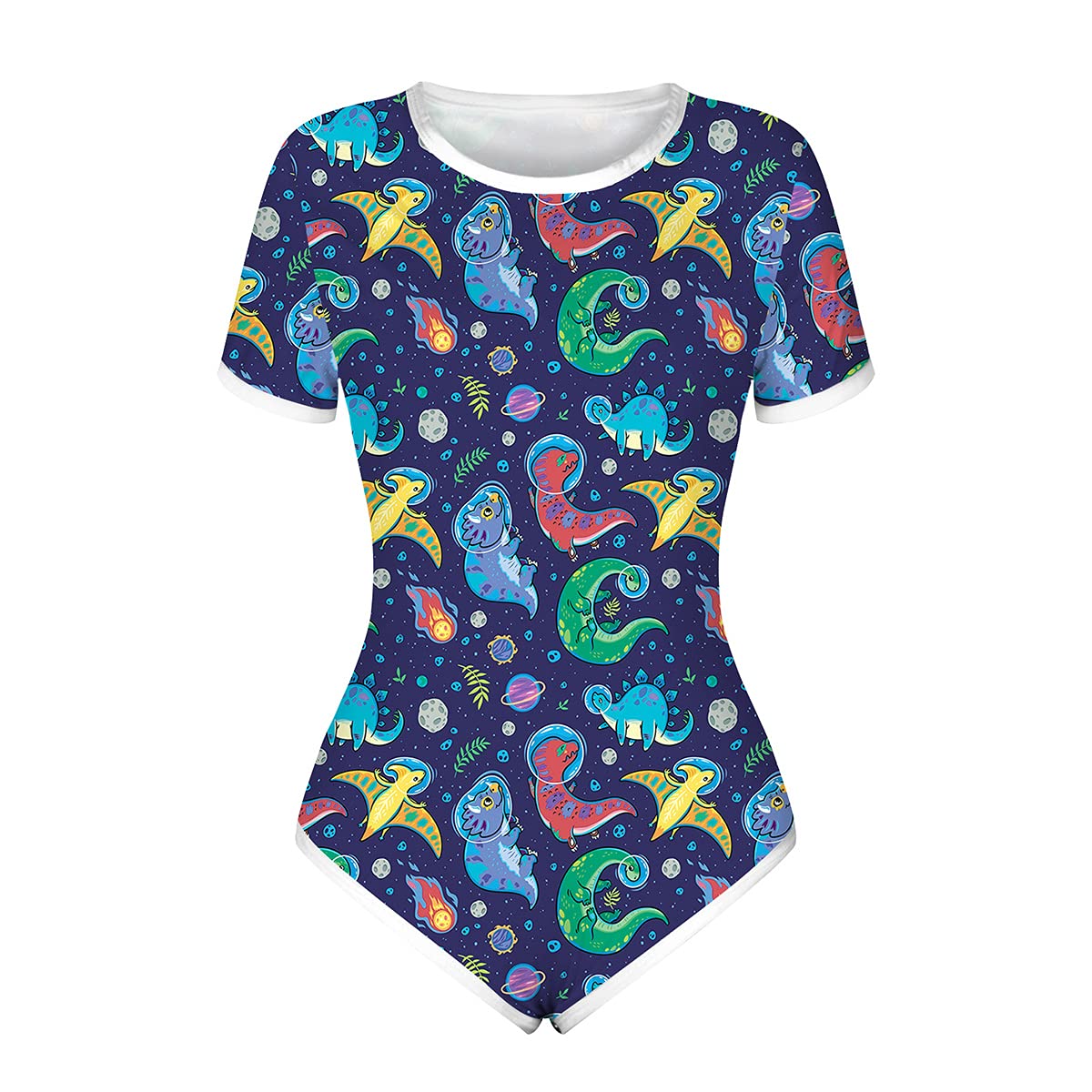 Women's Short Sleeve Bodycon Jumpsuit with Crotch Button - Dinosaur Print One Piece Romper for Lounge, Pajamas & Casual Wear | Comfortable Sleepwear & Home Outfit