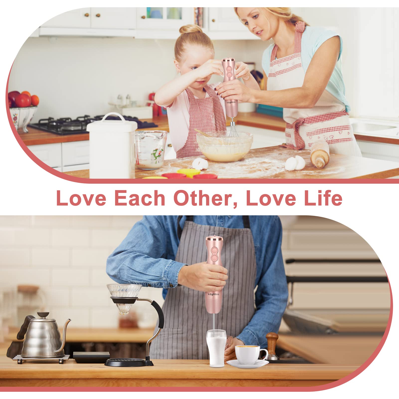 Keylitos 5-in-1 Immersion Hand Blender - 12-Speed Powerful Stick Blender with 304 Stainless Steel Blades, Chopper, Beaker, Milk Frother & Egg Whisk (Golden Pink) - Perfect for Smoothies, Soups, Baby Food & Baking