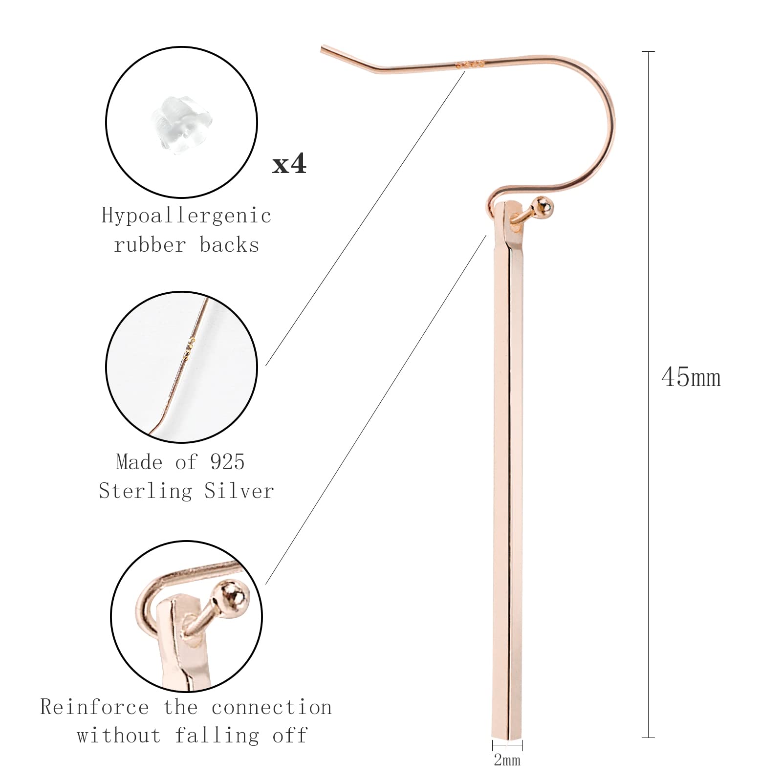 925 Sterling Silver Rose Gold Dangle Earrings for Women - Hypoallergenic Stick Drop Earrings with Minimalist Long Vertical Bar Design | Trendy Fashion Jewelry for Parties, Weddings & Everyday Wear